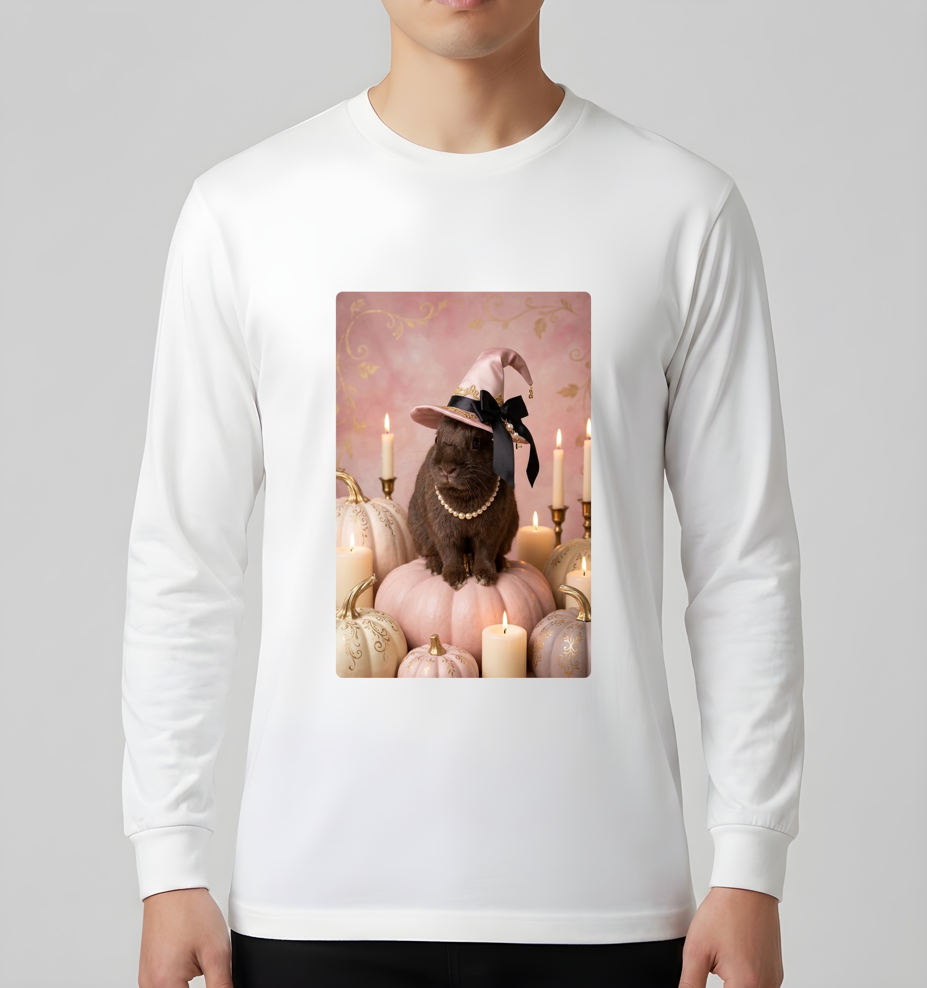 ハバナのかぼちゃとキャンドルの油絵風アートハロウィン長袖Tシャツ(ホワイト)(3枚目)
