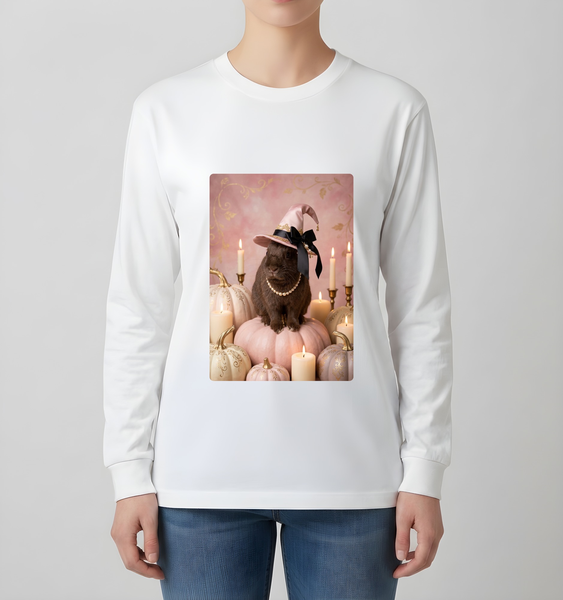 ハバナのかぼちゃとキャンドルの油絵風アートハロウィン長袖Tシャツ(ホワイト)(4枚目)