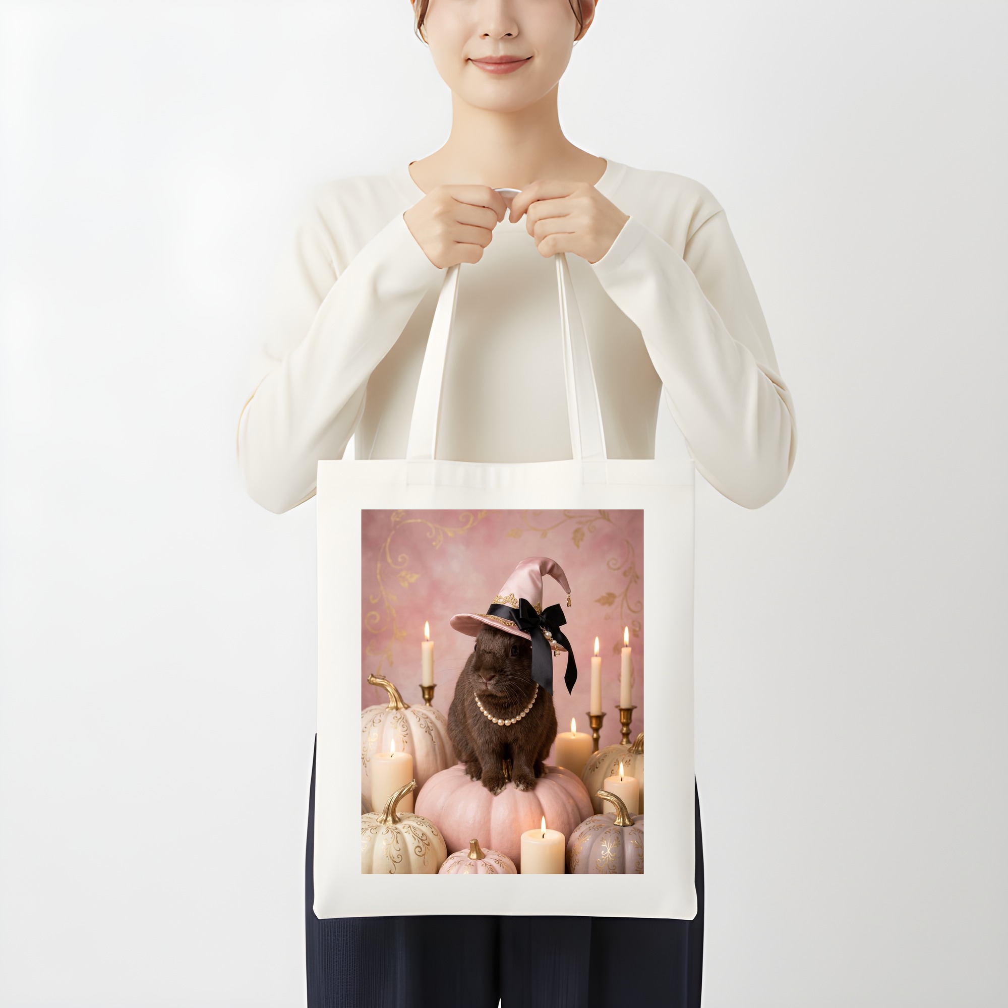 ハバナのかぼちゃとキャンドルの油絵風アートハロウィントートバッグ（3枚目）