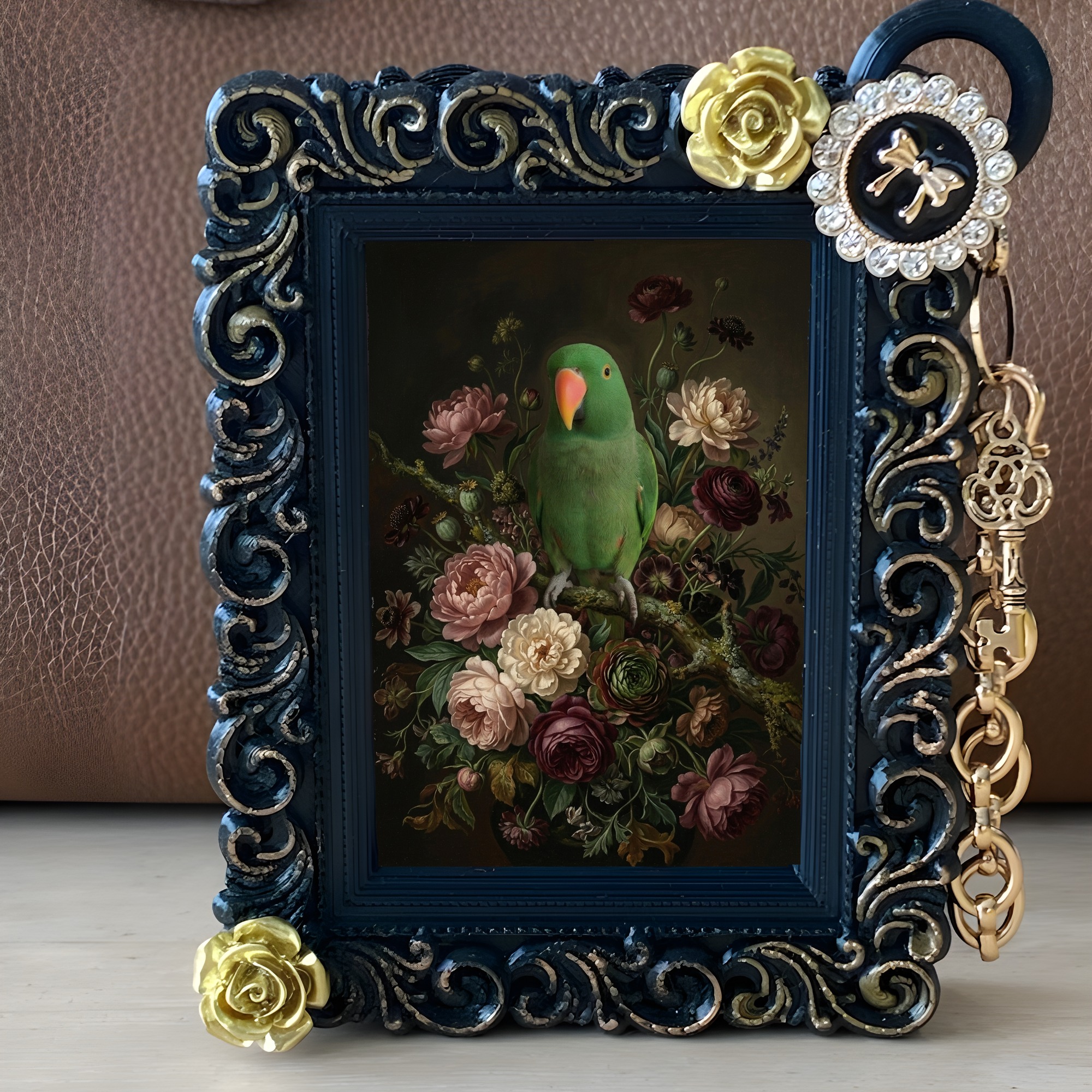 オオハナインコの花の油絵風アート花柄バッグチャーム（ブラック）（2枚目）