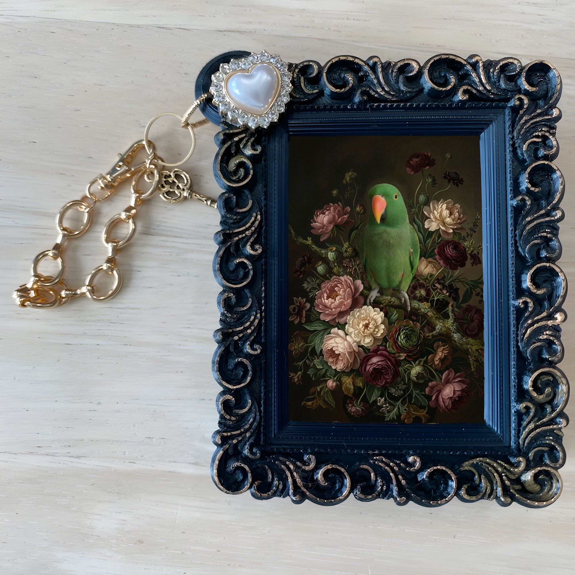 オオハナインコの花の油絵風アート花柄バッグチャーム（ブラック）（4枚目）