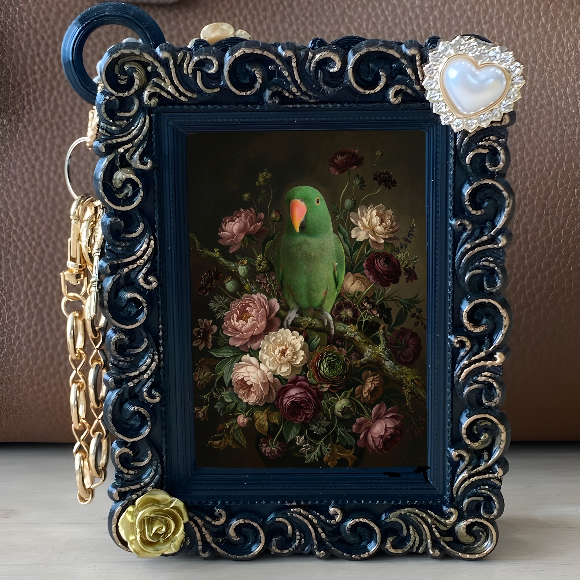 オオハナインコの花の油絵風アート花柄バッグチャーム（ブラック）（5枚目）