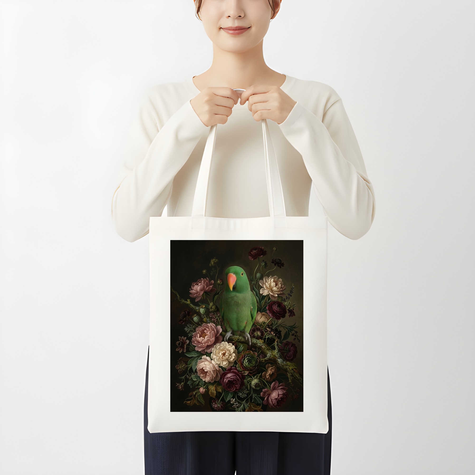 オオハナインコの花の油絵風アート花柄トートバッグ（3枚目）