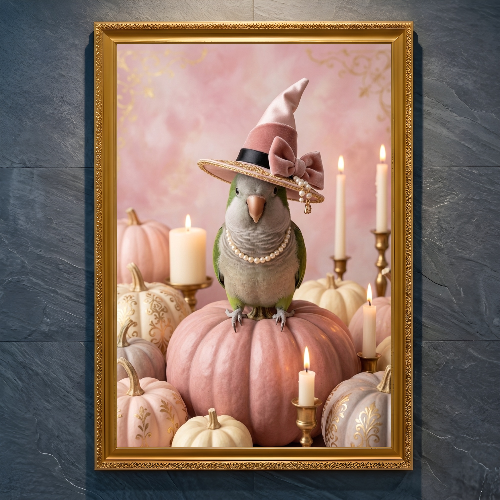 ダルマインコのかぼちゃとキャンドルの油絵風アートハロウィン額装プリント(A4金縁)