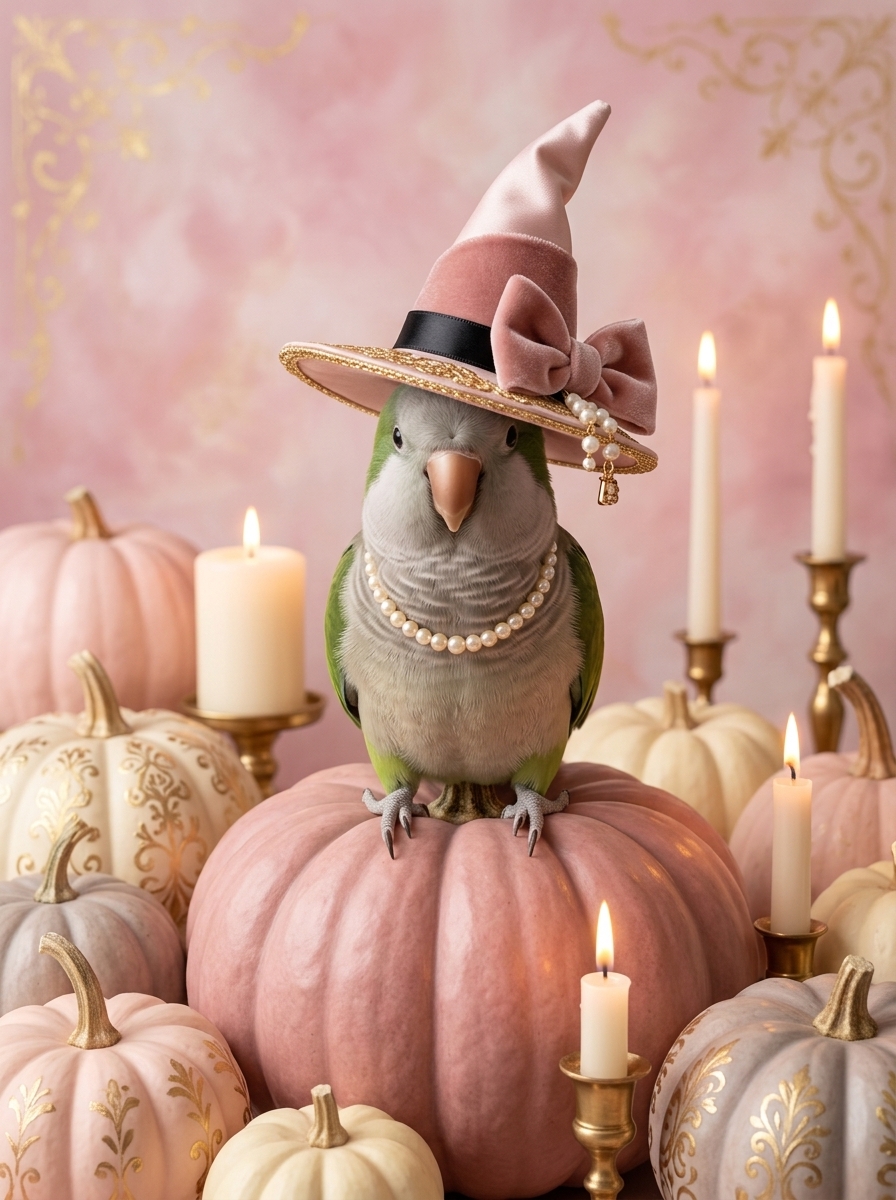 ダルマインコのかぼちゃとキャンドルの油絵風アートハロウィン額装プリント(A4金縁)(4枚目)