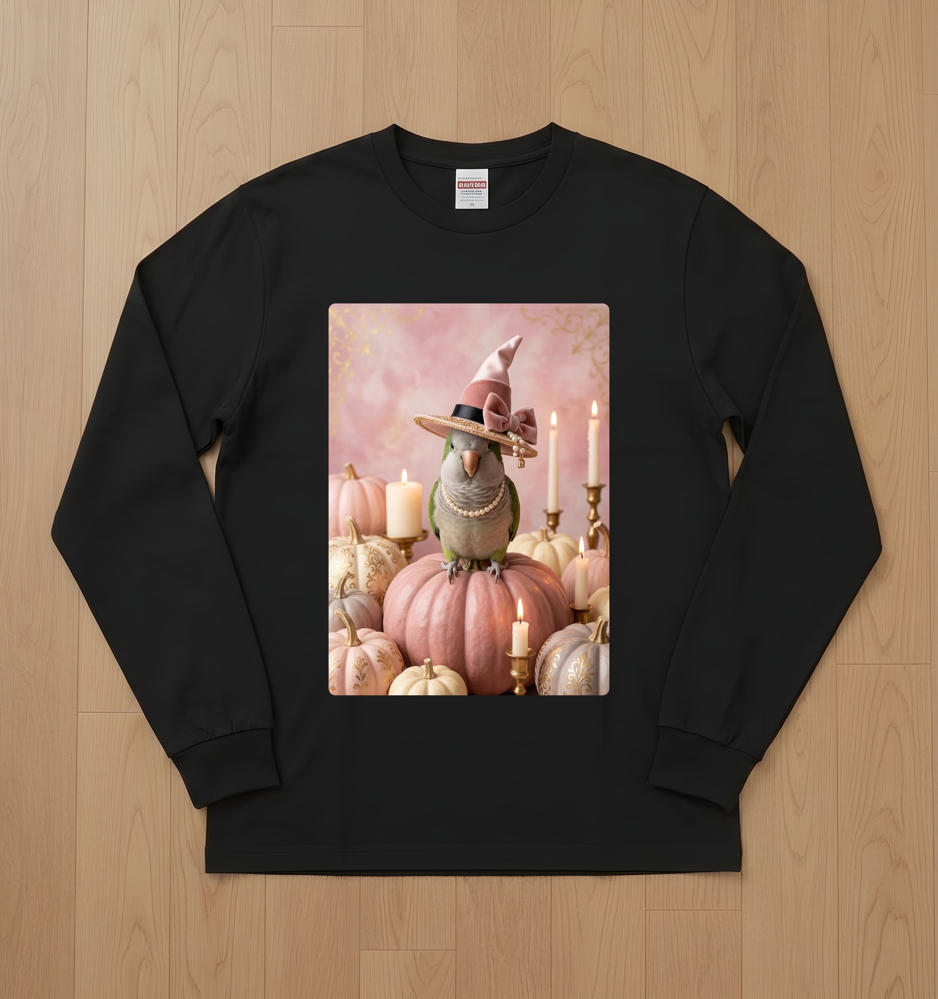 ダルマインコのかぼちゃとキャンドルの油絵風アートハロウィン長袖Tシャツ(ブラック)