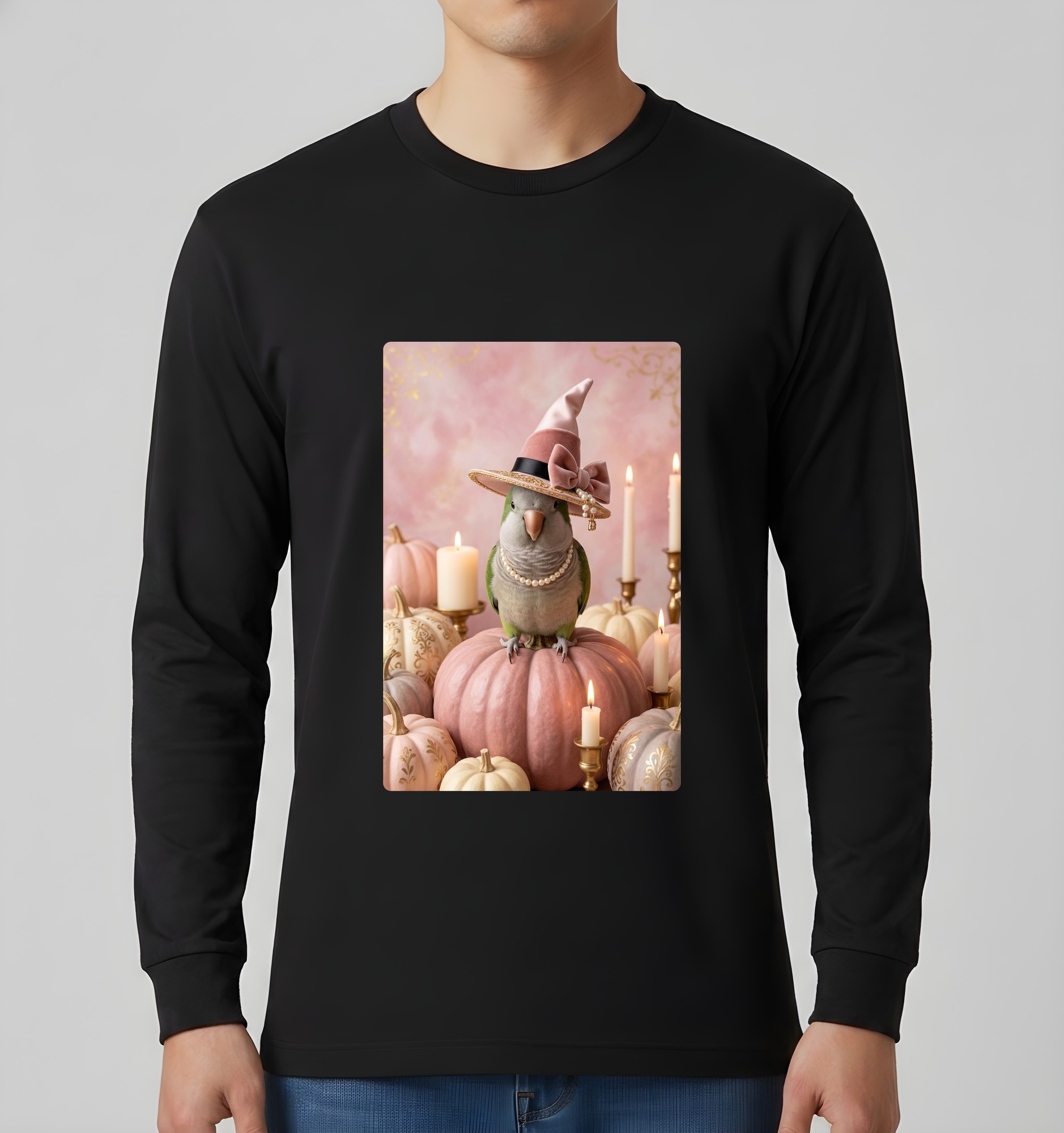ダルマインコのかぼちゃとキャンドルの油絵風アートハロウィン長袖Tシャツ(ブラック)(3枚目)