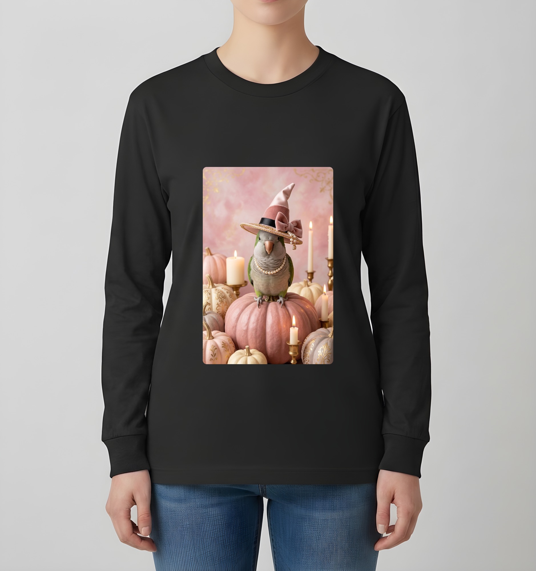 ダルマインコのかぼちゃとキャンドルの油絵風アートハロウィン長袖Tシャツ(ブラック)(4枚目)