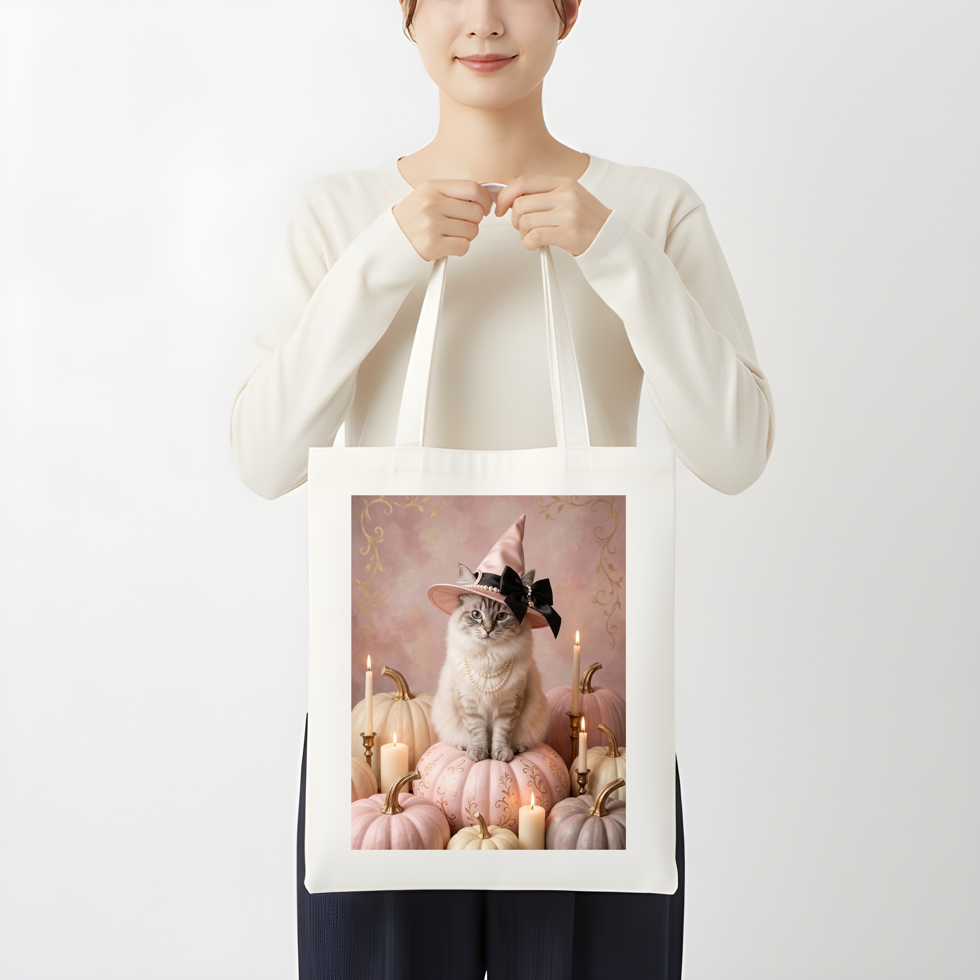 ヒマラヤンのかぼちゃとキャンドルの油絵風アートハロウィントートバッグ（3枚目）