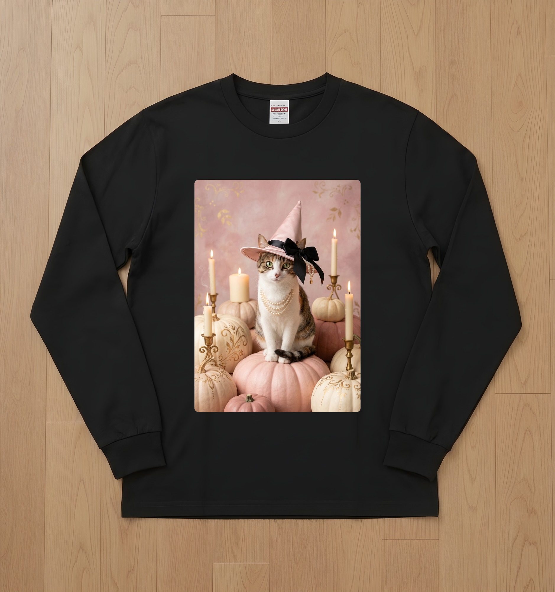 猫のかぼちゃとキャンドルの油絵風アートハロウィン長袖Tシャツ(ブラック)