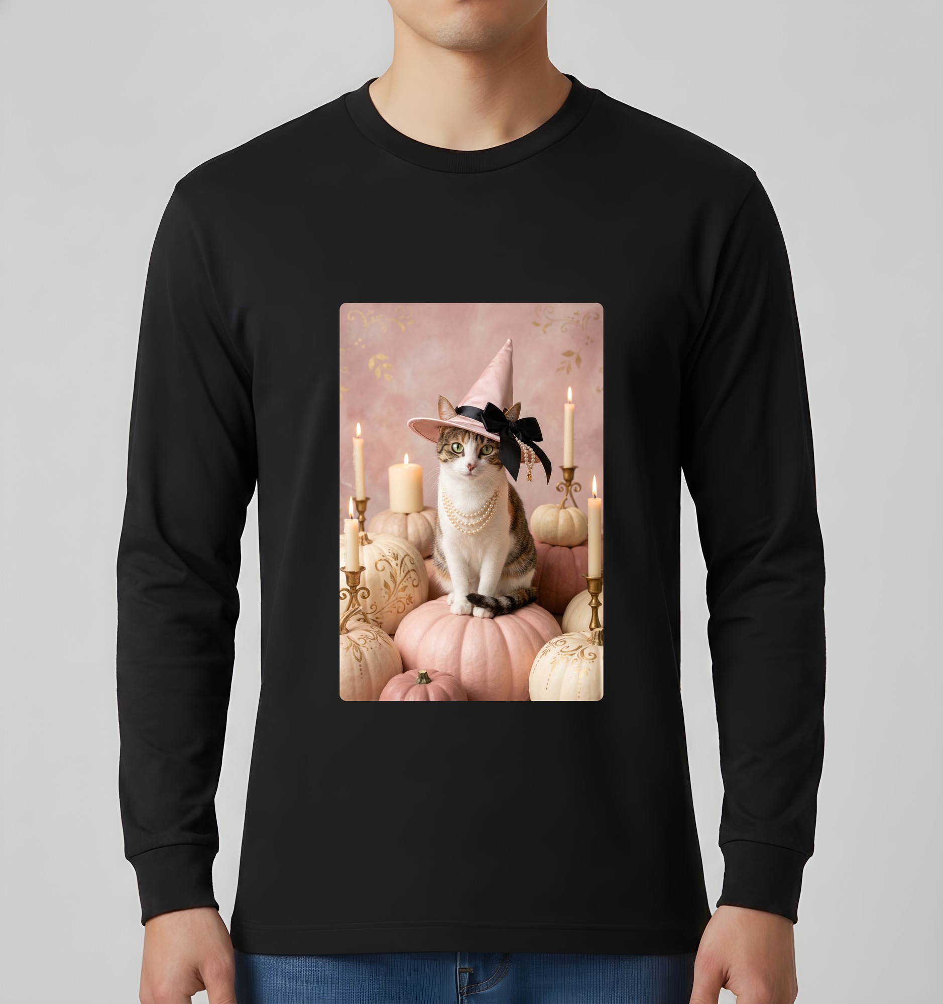 猫のかぼちゃとキャンドルの油絵風アートハロウィン長袖Tシャツ(ブラック)(3枚目)