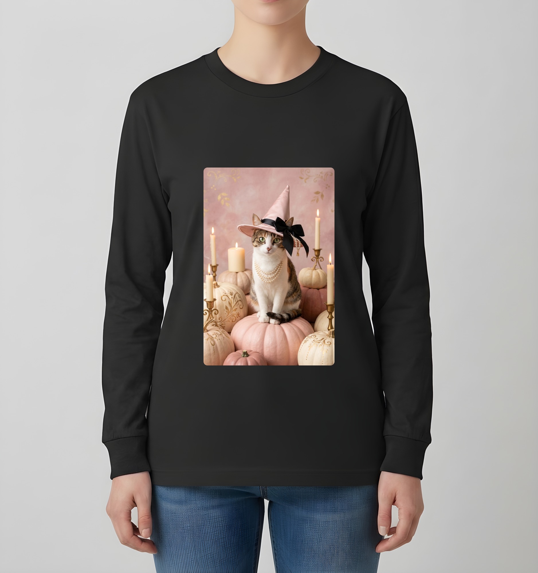 猫のかぼちゃとキャンドルの油絵風アートハロウィン長袖Tシャツ(ブラック)(4枚目)