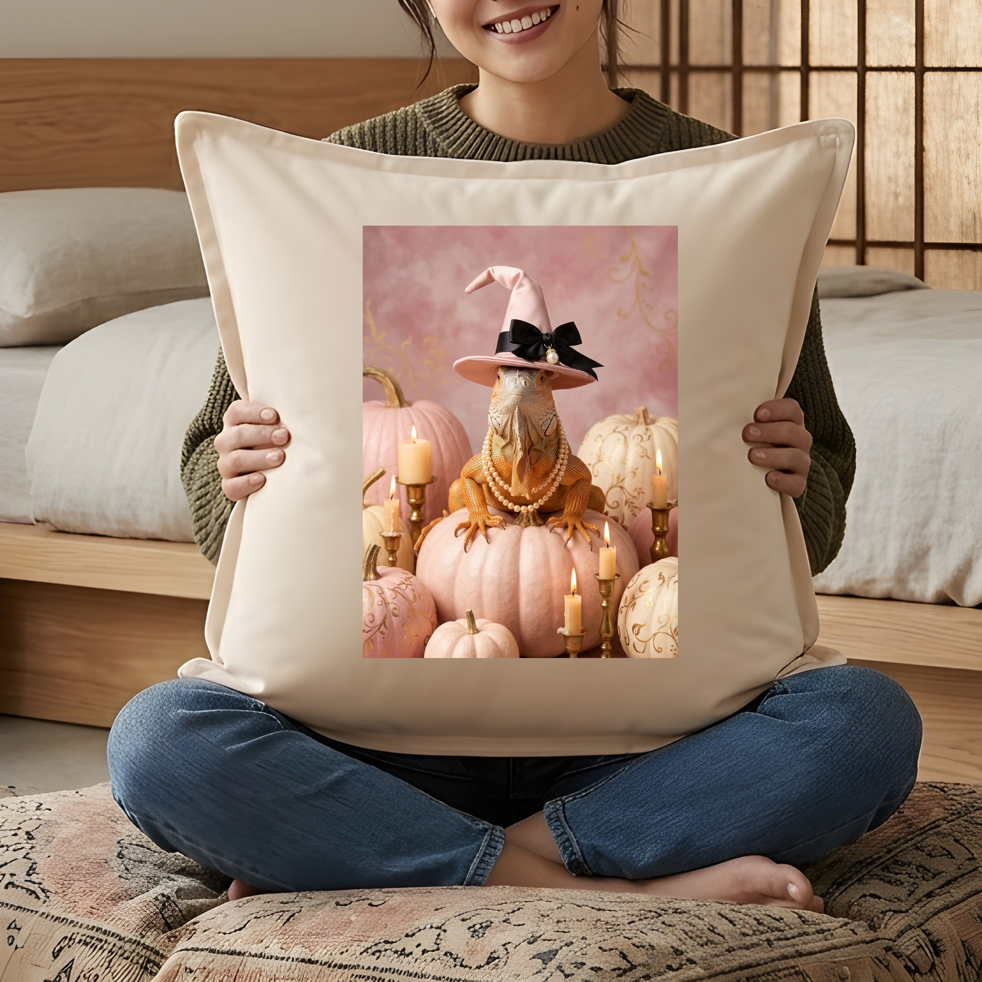 レッドイグアナのかぼちゃとキャンドルの油絵風アートハロウィンクッション（3枚目）