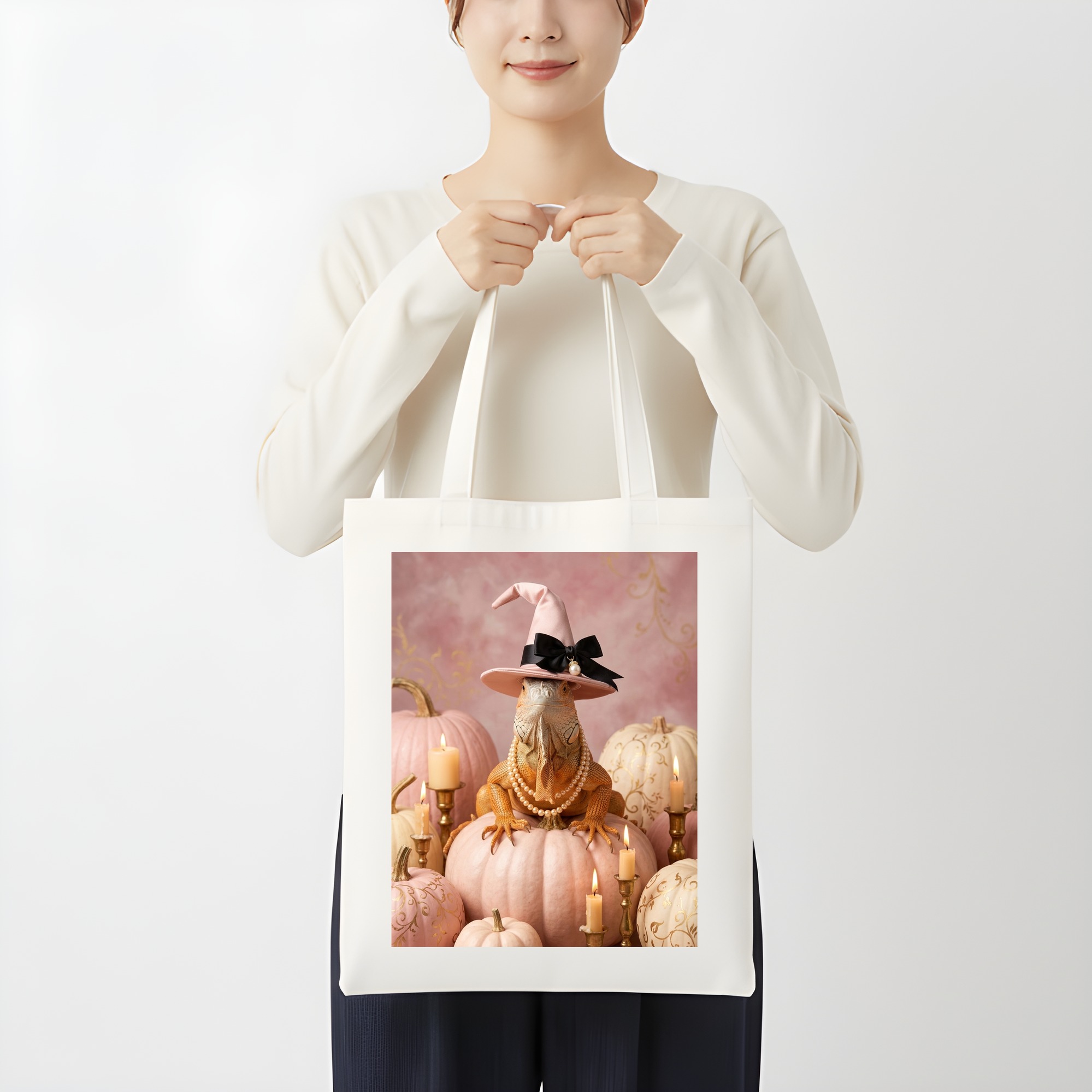 レッドイグアナのかぼちゃとキャンドルの油絵風アートハロウィントートバッグ(3枚目)