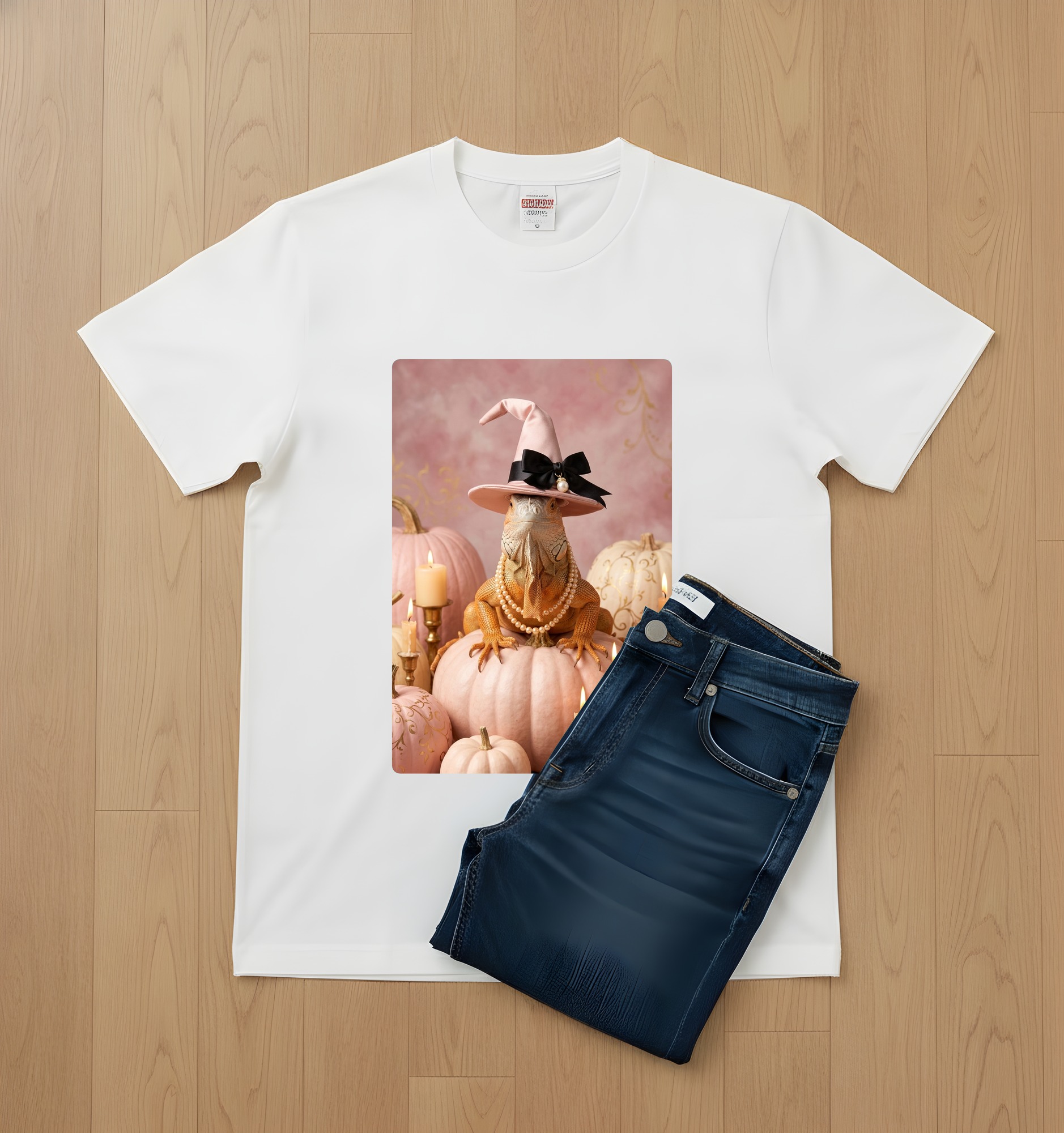 レッドイグアナのかぼちゃとキャンドルの油絵風アートハロウィンTシャツ(ホワイト)(2枚目)