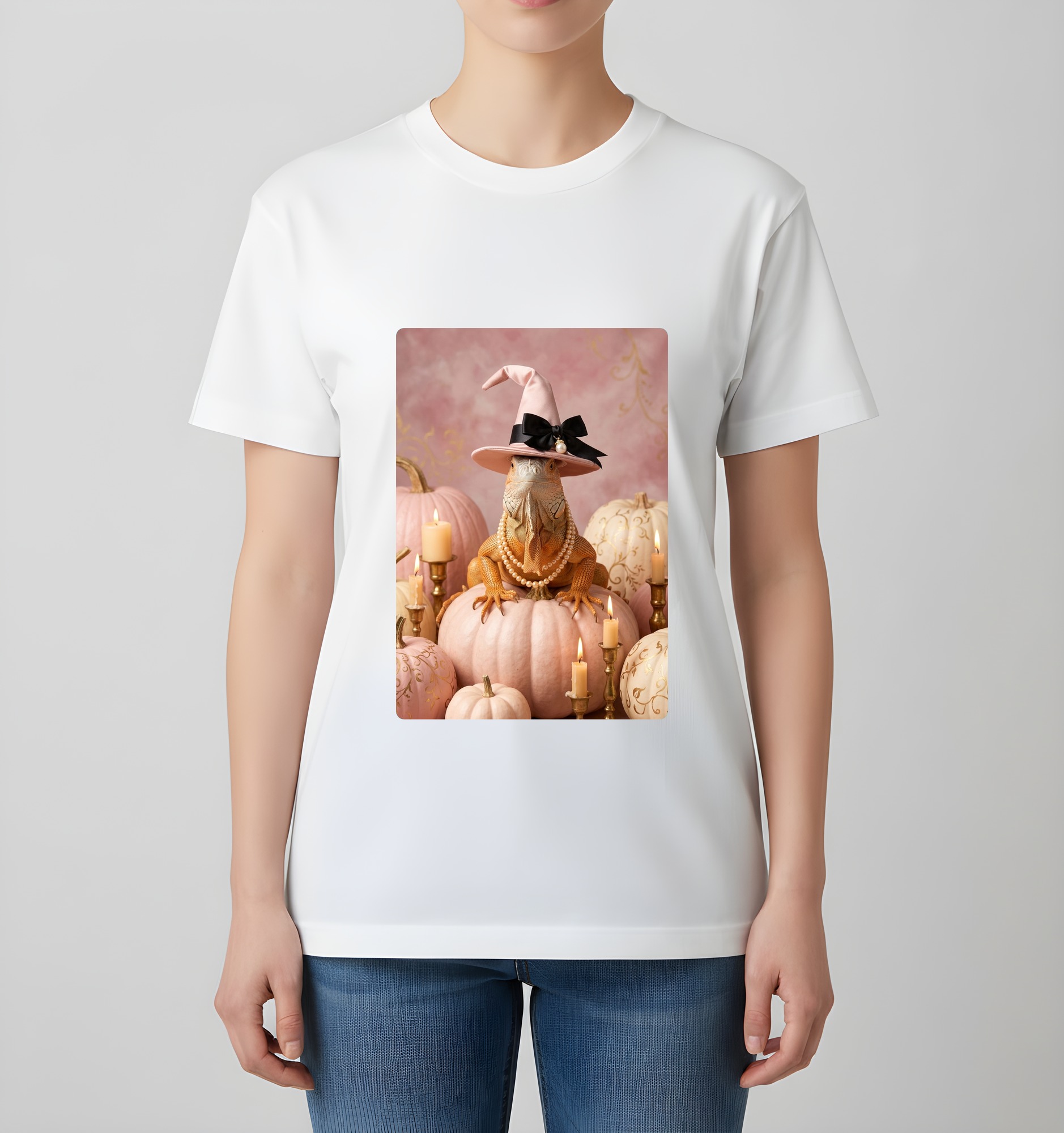 レッドイグアナのかぼちゃとキャンドルの油絵風アートハロウィンTシャツ(ホワイト)(4枚目)
