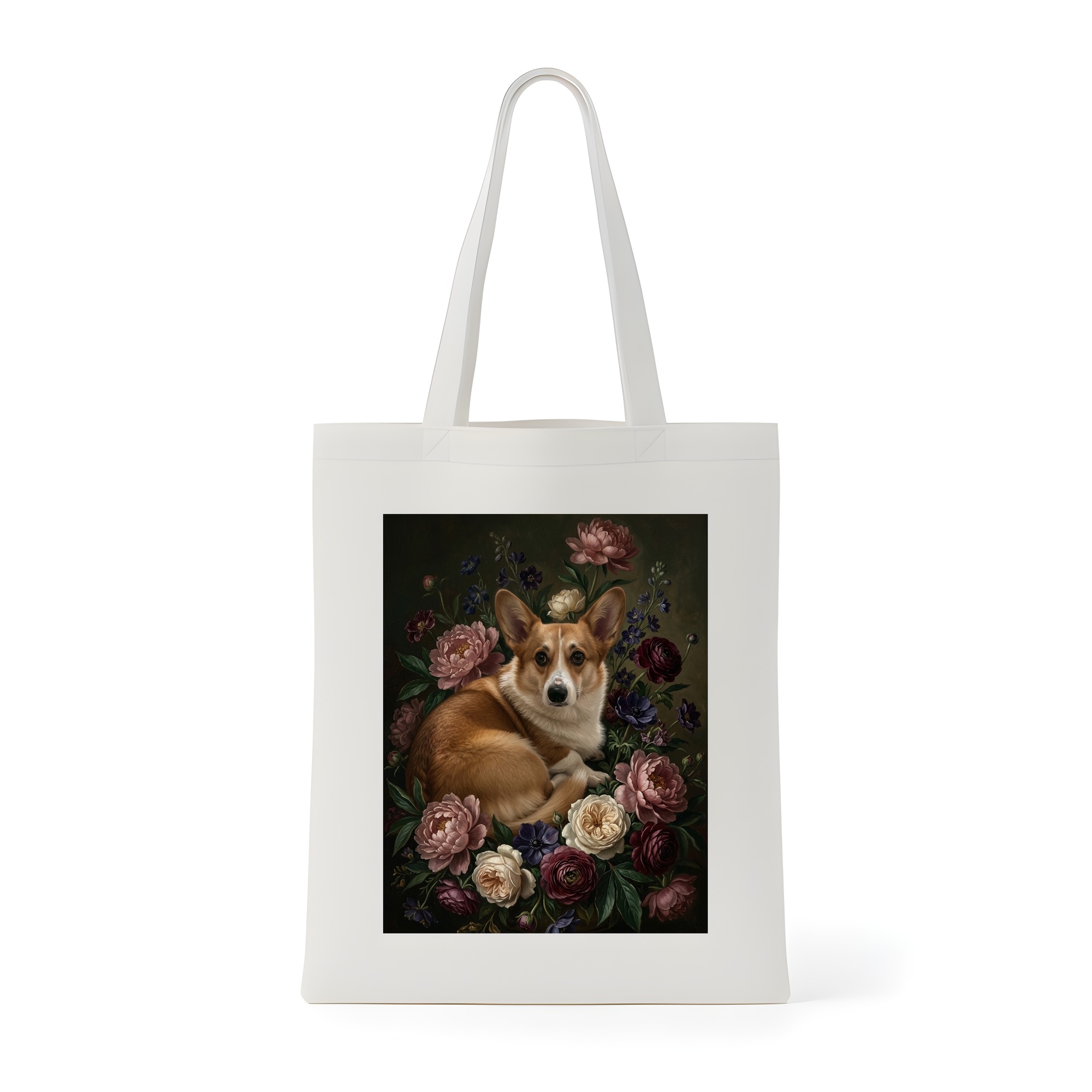 コーギーの花の油絵風アート花柄トートバッグ