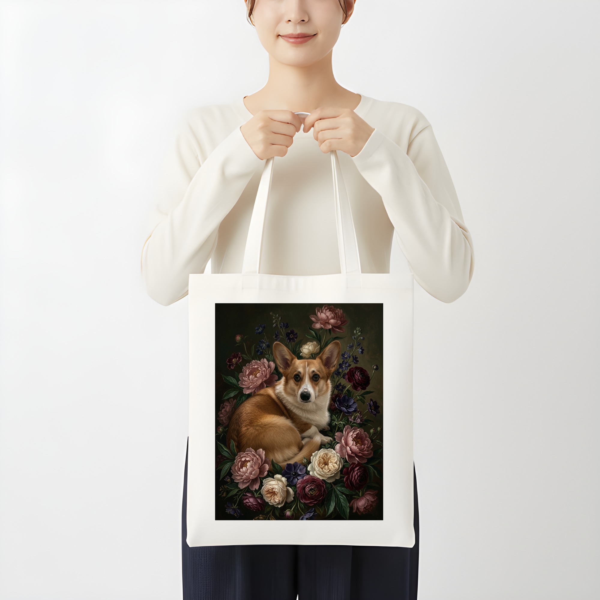 コーギーの花の油絵風アート花柄トートバッグ(3枚目)