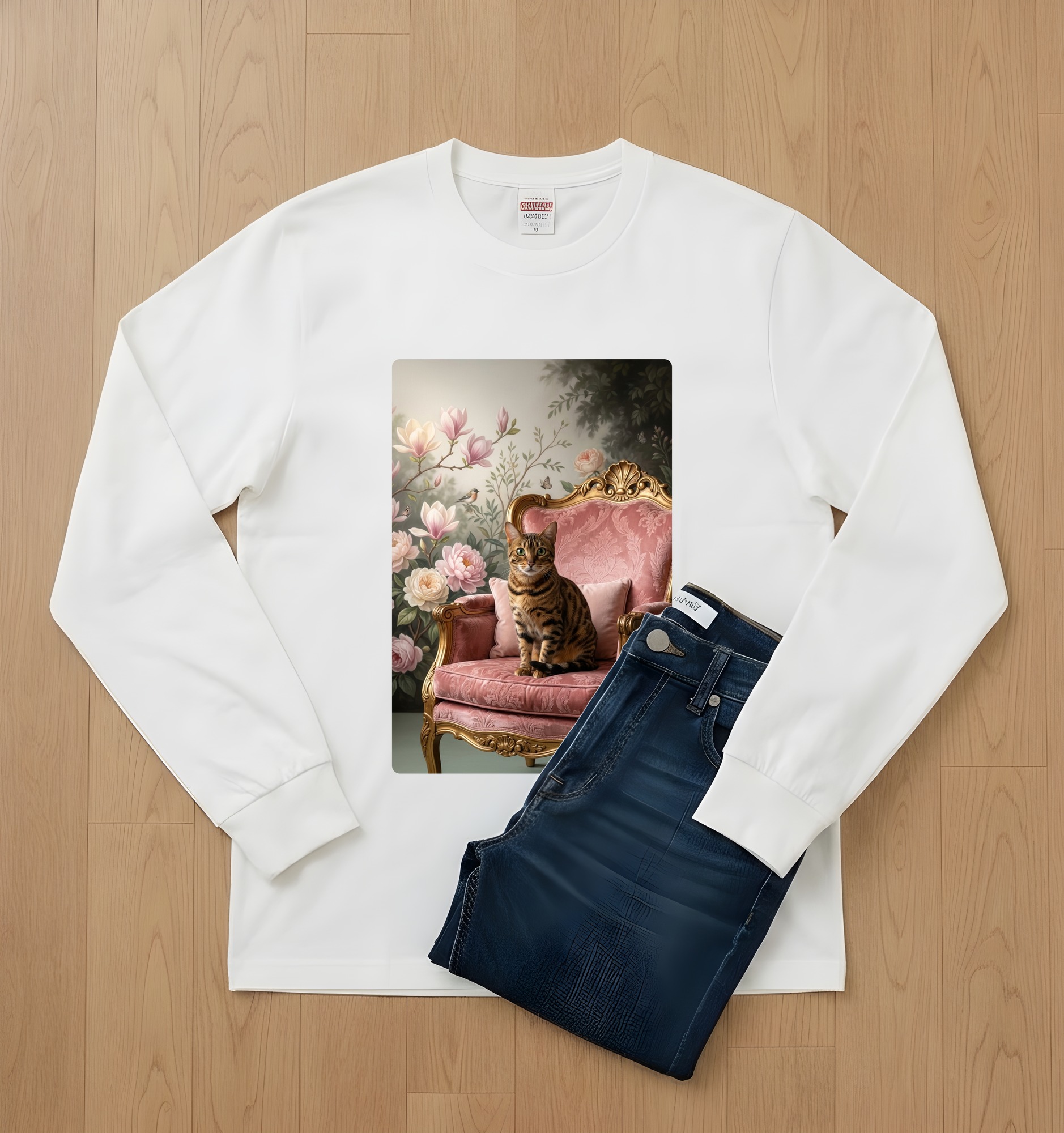 ベンガルのシャビーピンクの油絵風アートロココ調長袖Tシャツ(ホワイト)(2枚目)