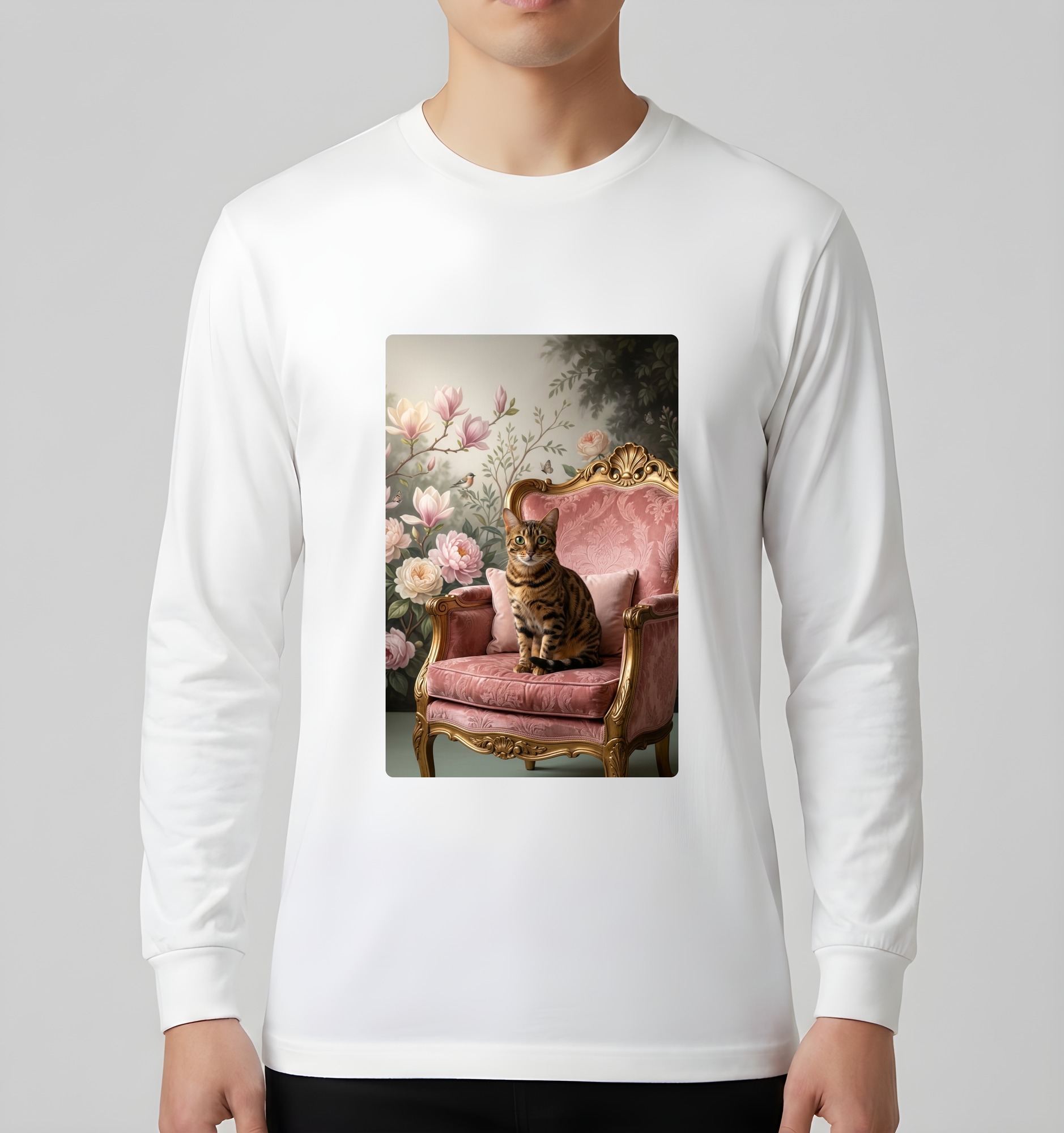 ベンガルのシャビーピンクの油絵風アートロココ調長袖Tシャツ(ホワイト)(3枚目)