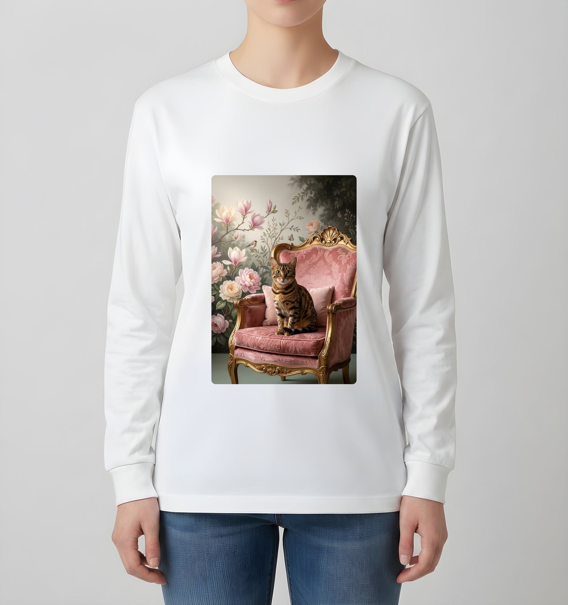ベンガルのシャビーピンクの油絵風アートロココ調長袖Tシャツ(ホワイト)(4枚目)