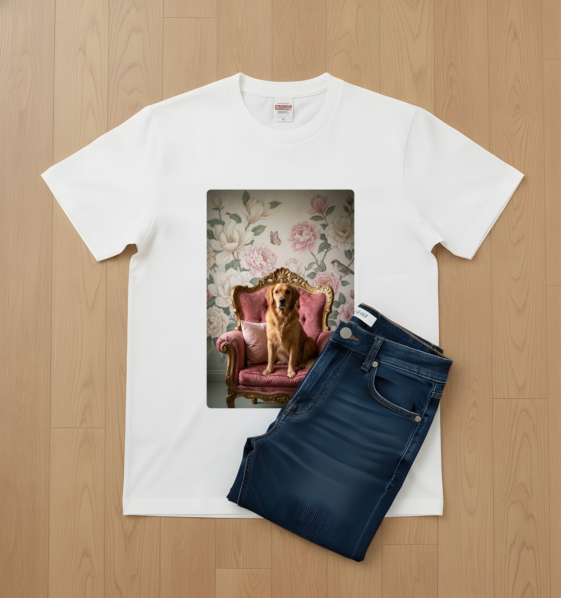 ゴールデンレトリバーのシャビーピンクの油絵風アートロココ調Tシャツ（ホワイト）（2枚目）