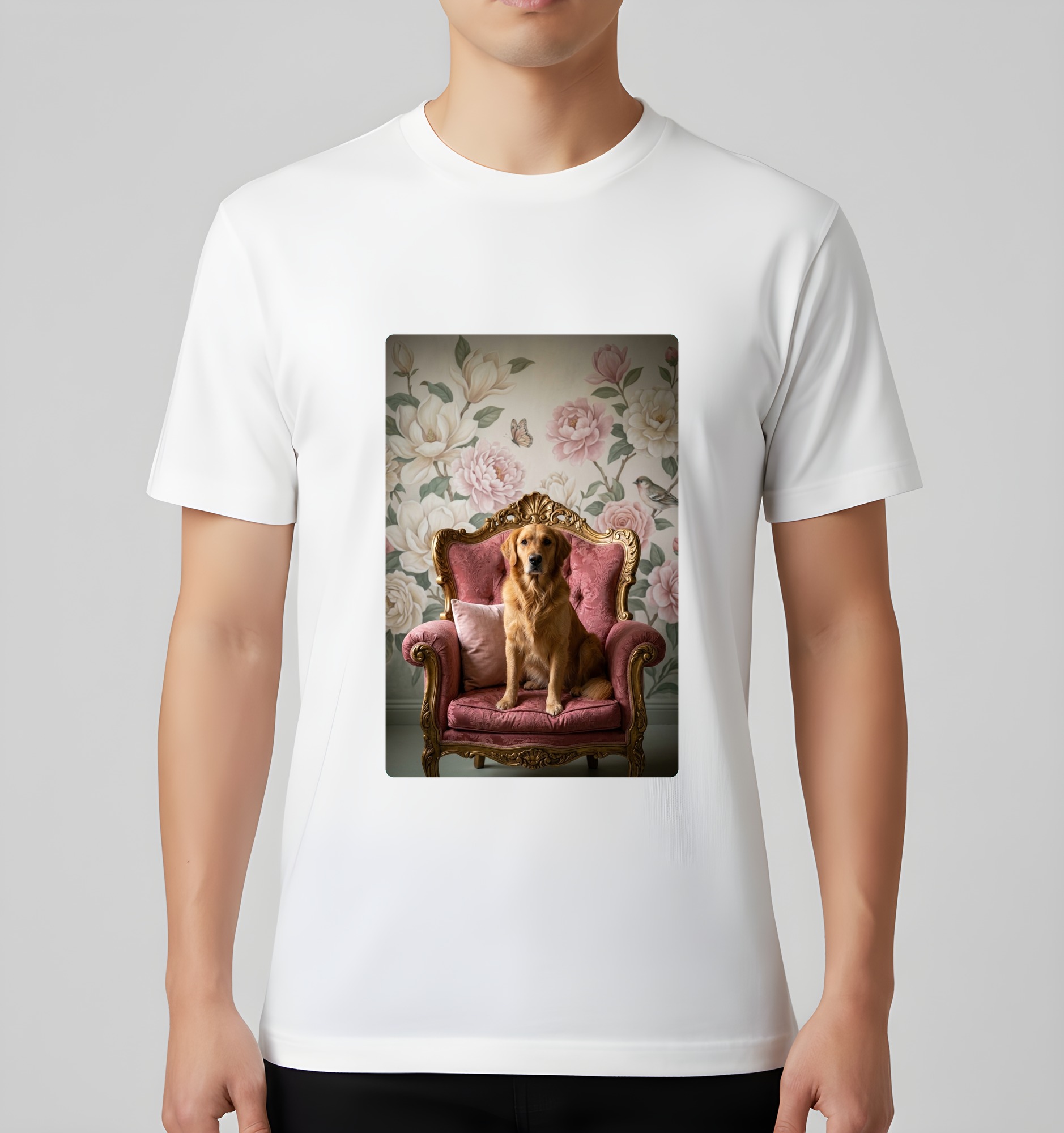 ゴールデンレトリバーのシャビーピンクの油絵風アートロココ調Tシャツ（ホワイト）（3枚目）