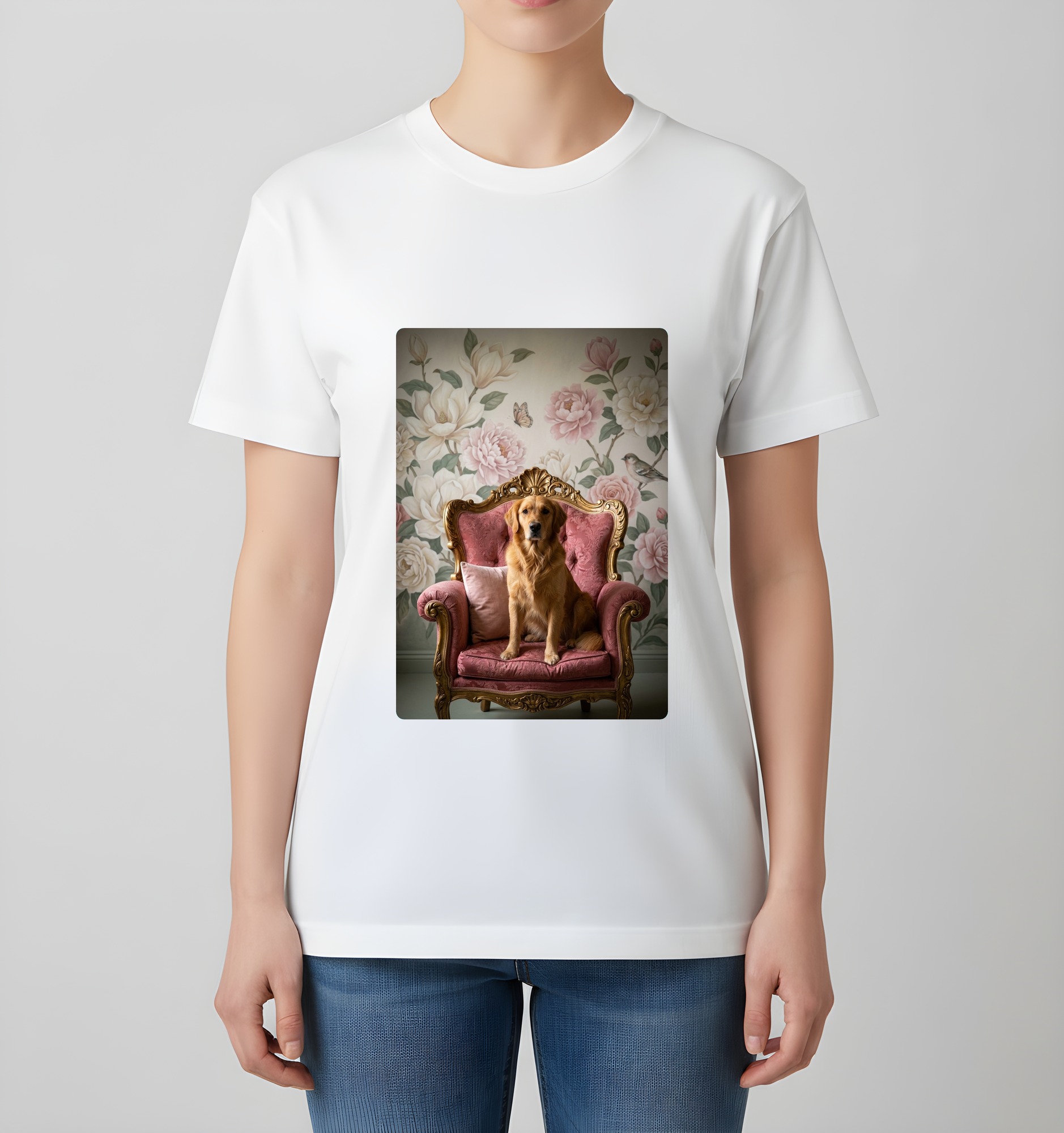 ゴールデンレトリバーのシャビーピンクの油絵風アートロココ調Tシャツ（ホワイト）（4枚目）