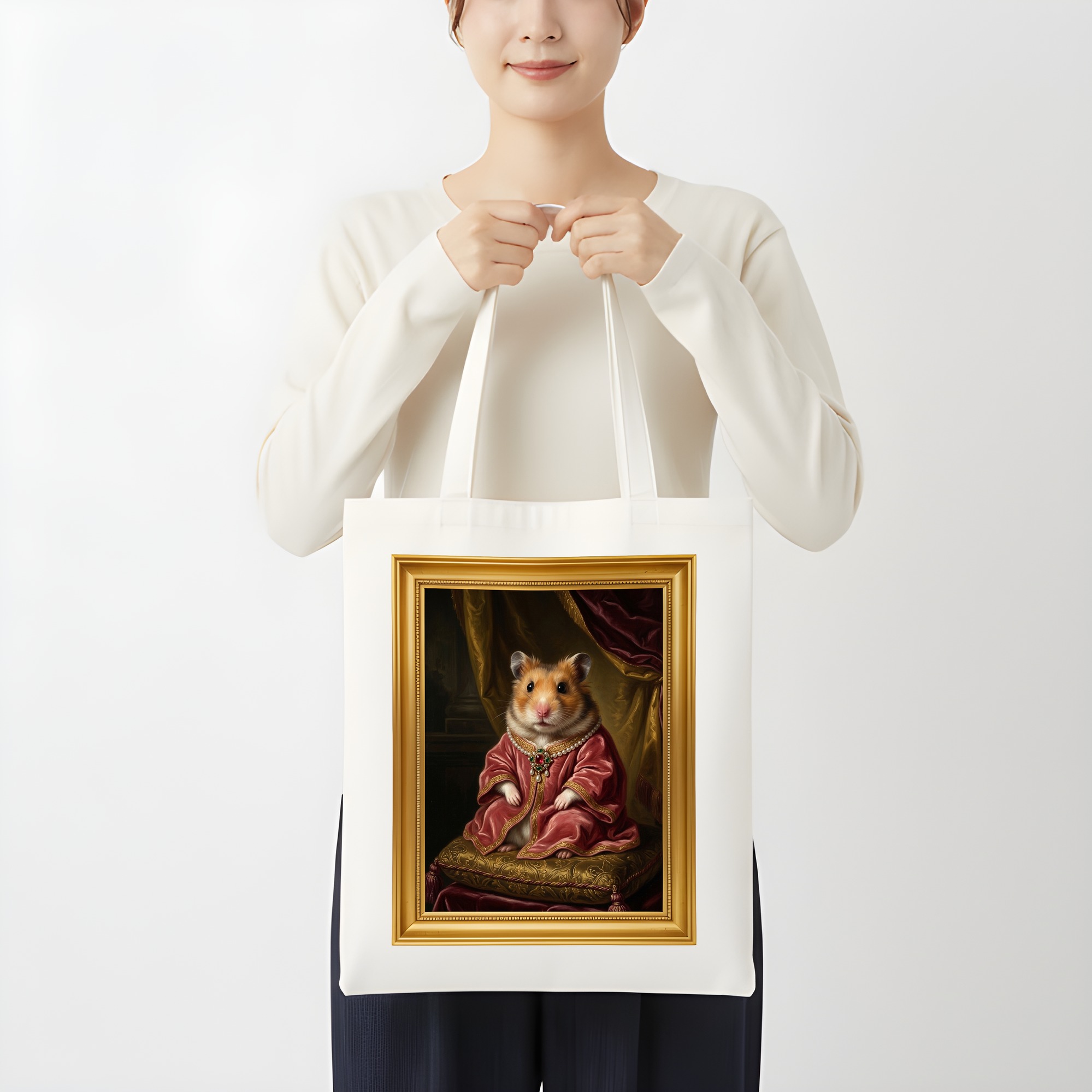 ファンシーハムスターのルネサンス肖像画トートバッグ(カラープリント・額縁デザインあり)(3枚目)