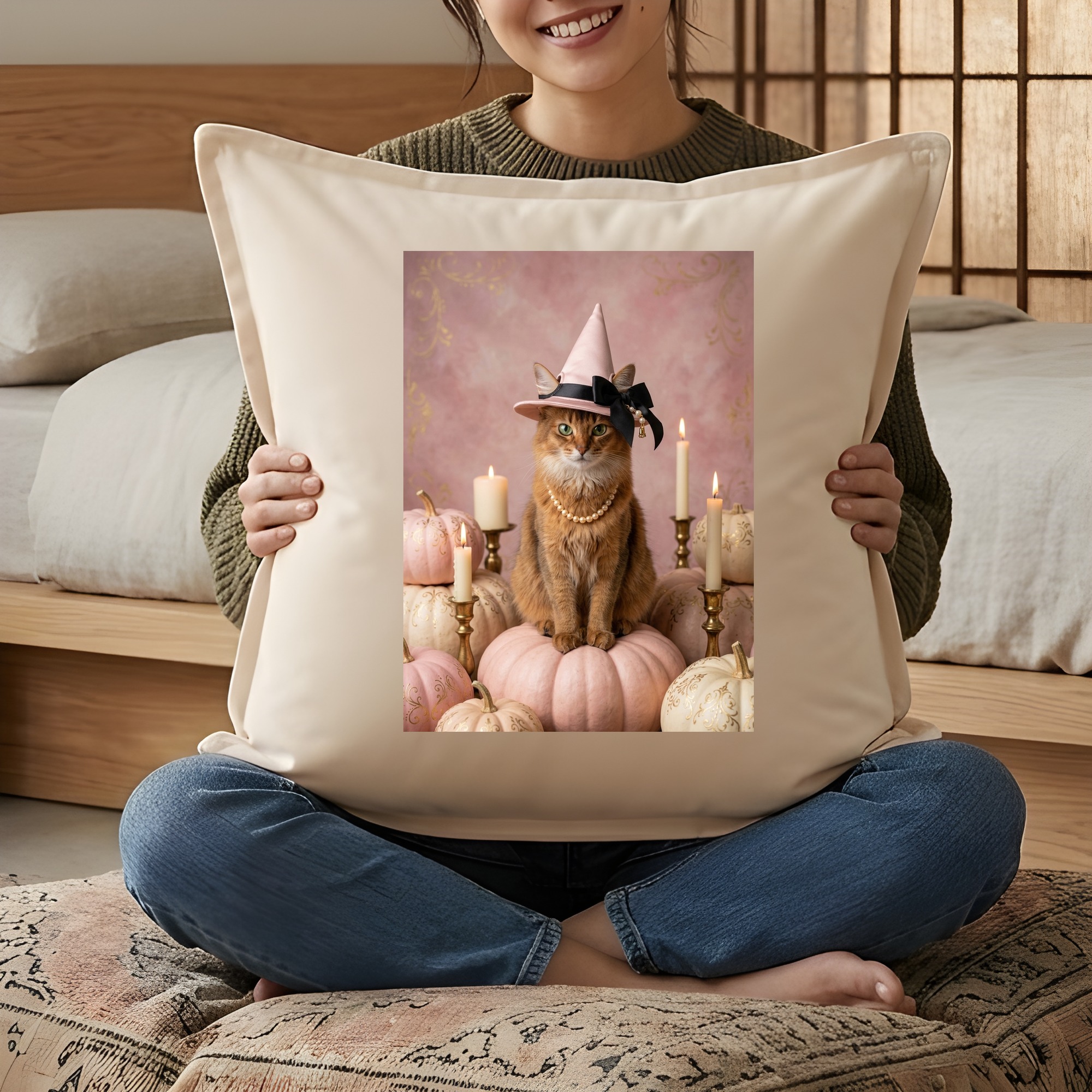 ソマリのかぼちゃとキャンドルの油絵風アートハロウィンクッション(3枚目)