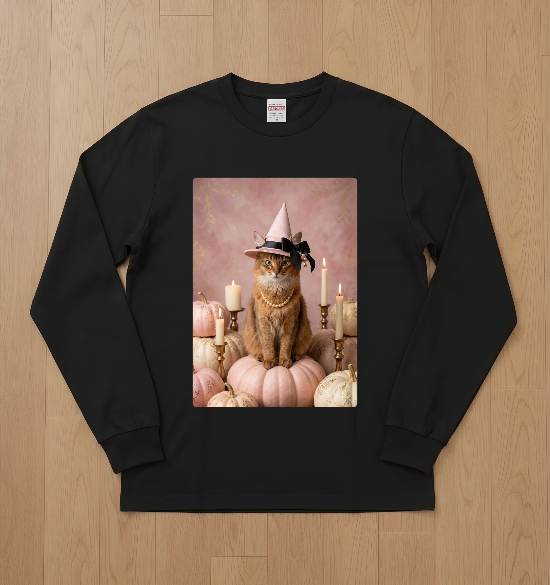 ソマリのかぼちゃとキャンドルの油絵風アートハロウィン長袖Tシャツ(ブラック)