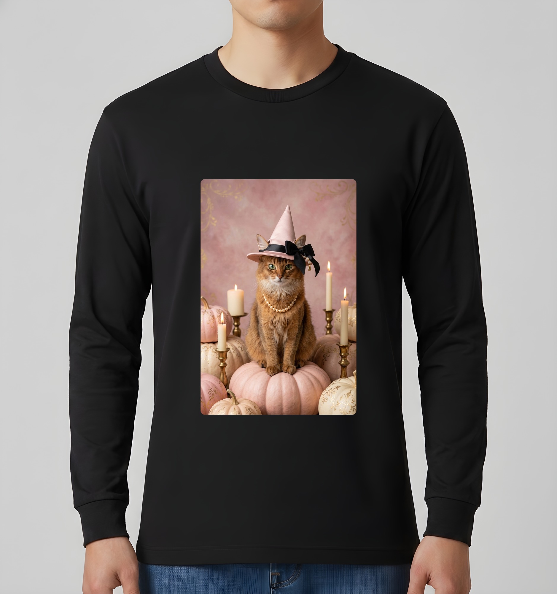 ソマリのかぼちゃとキャンドルの油絵風アートハロウィン長袖Tシャツ(ブラック)(3枚目)