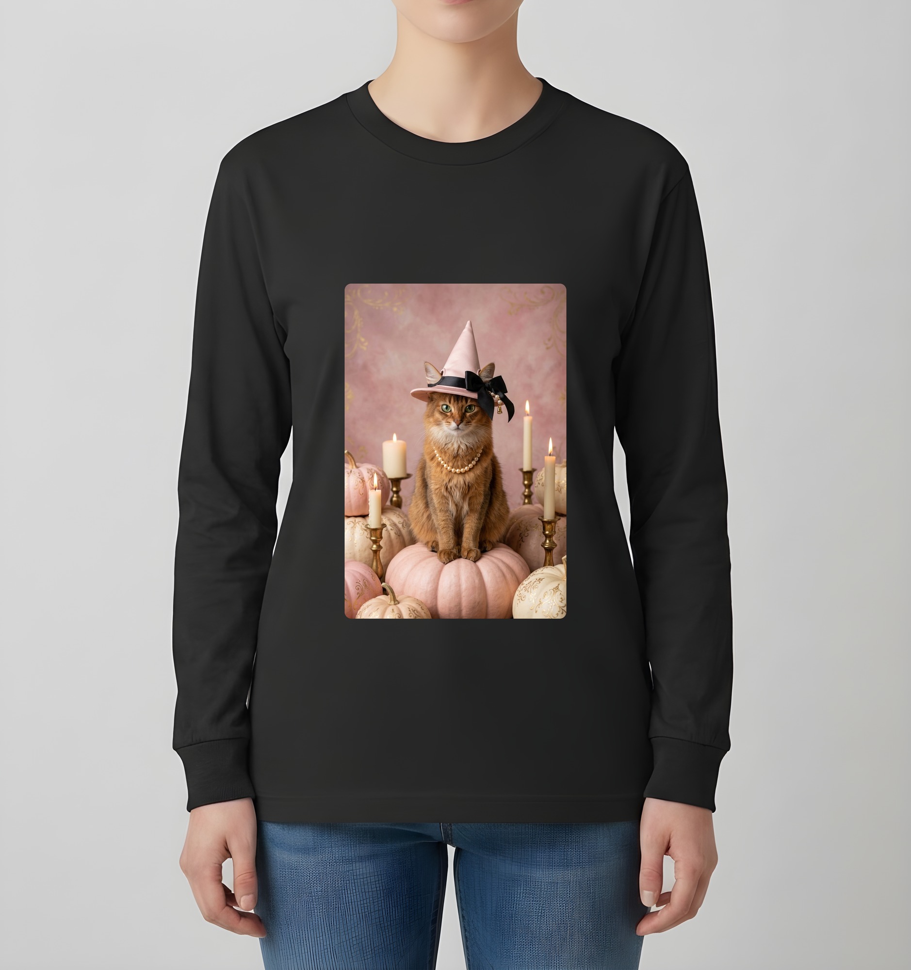 ソマリのかぼちゃとキャンドルの油絵風アートハロウィン長袖Tシャツ(ブラック)(4枚目)