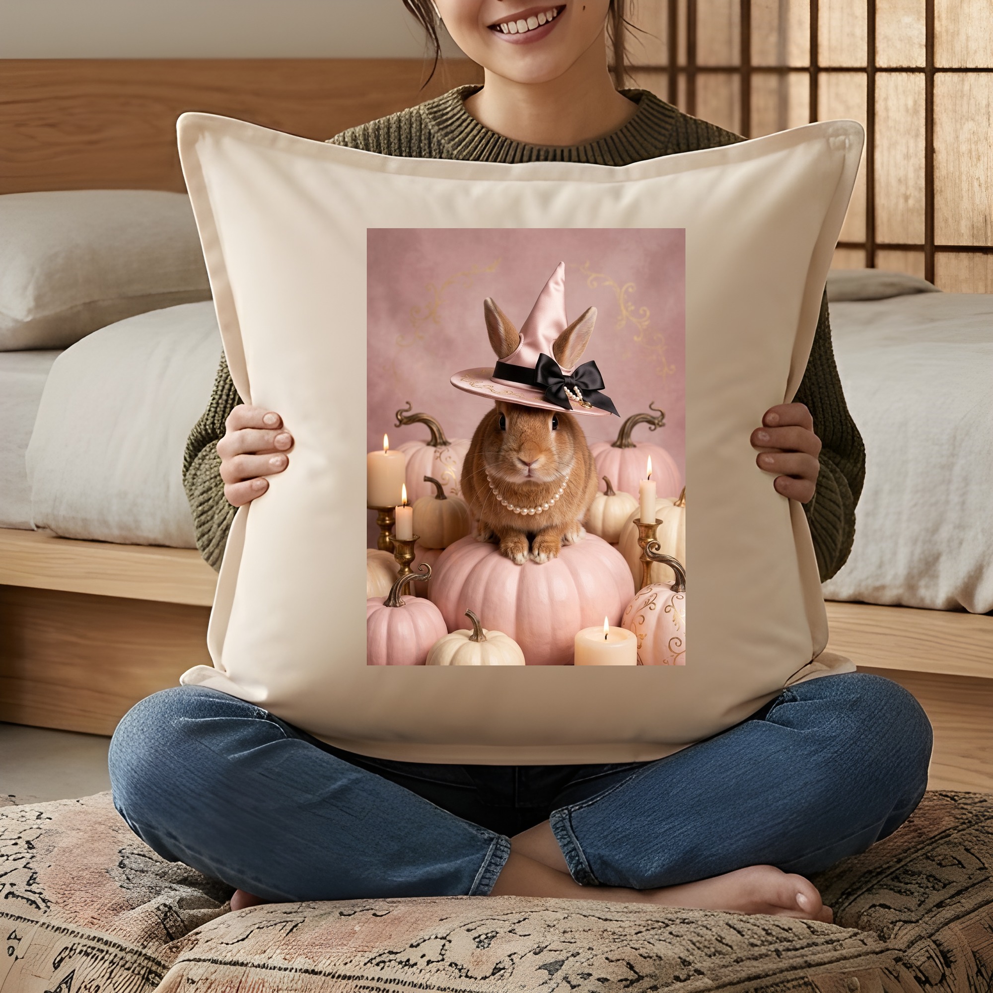 サテンのかぼちゃとキャンドルの油絵風アートハロウィンクッション（3枚目）