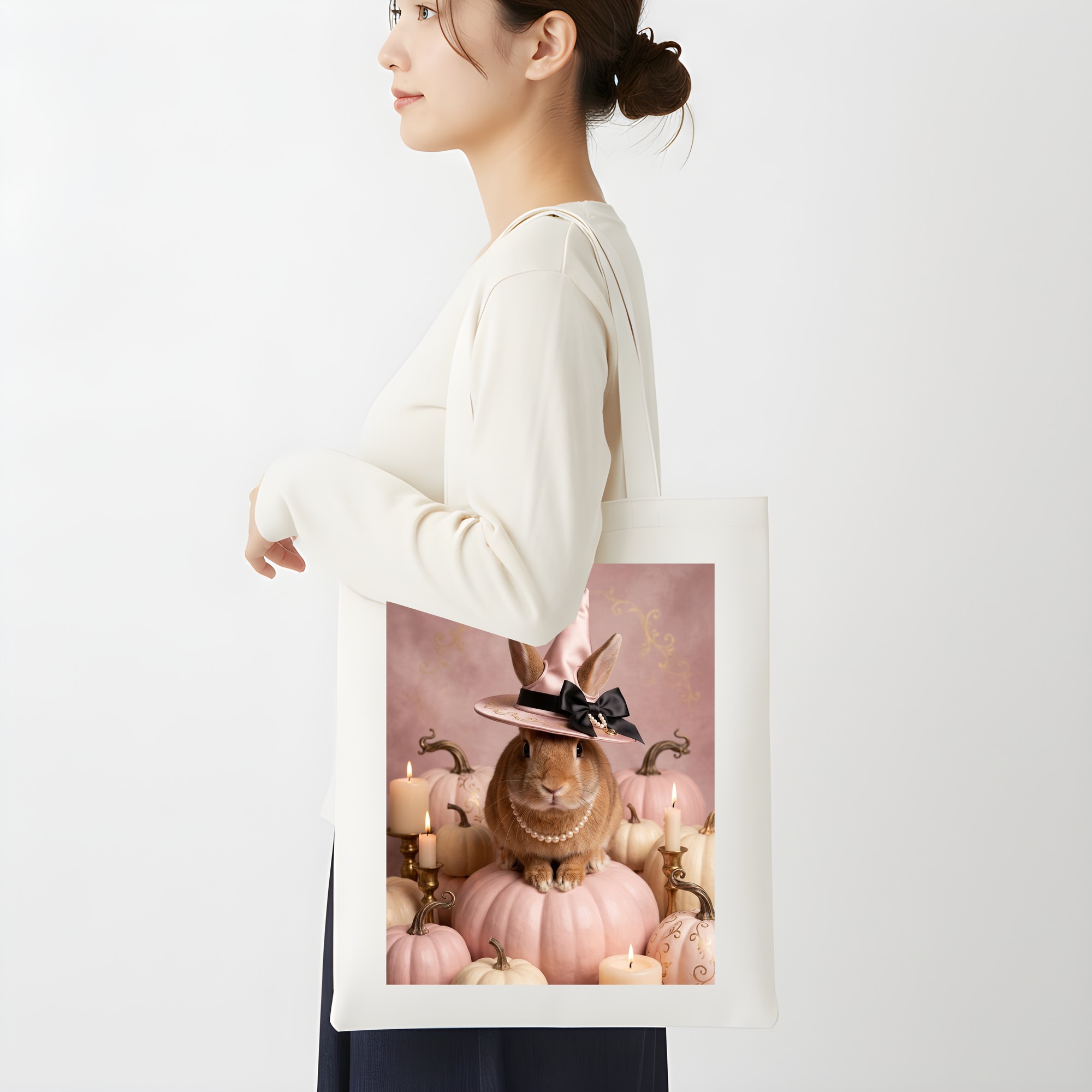 サテンのかぼちゃとキャンドルの油絵風アートハロウィントートバッグ（2枚目）