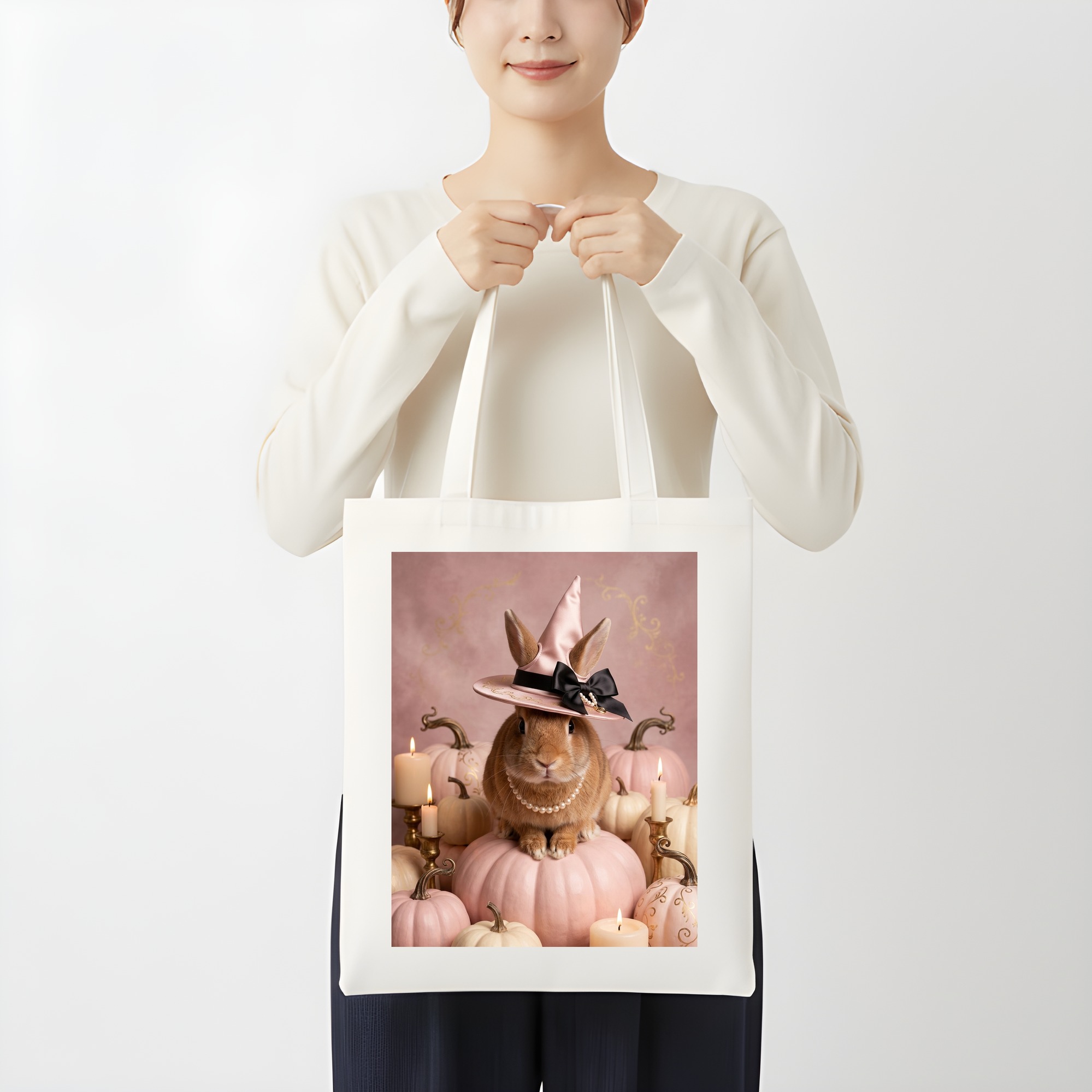 サテンのかぼちゃとキャンドルの油絵風アートハロウィントートバッグ（3枚目）