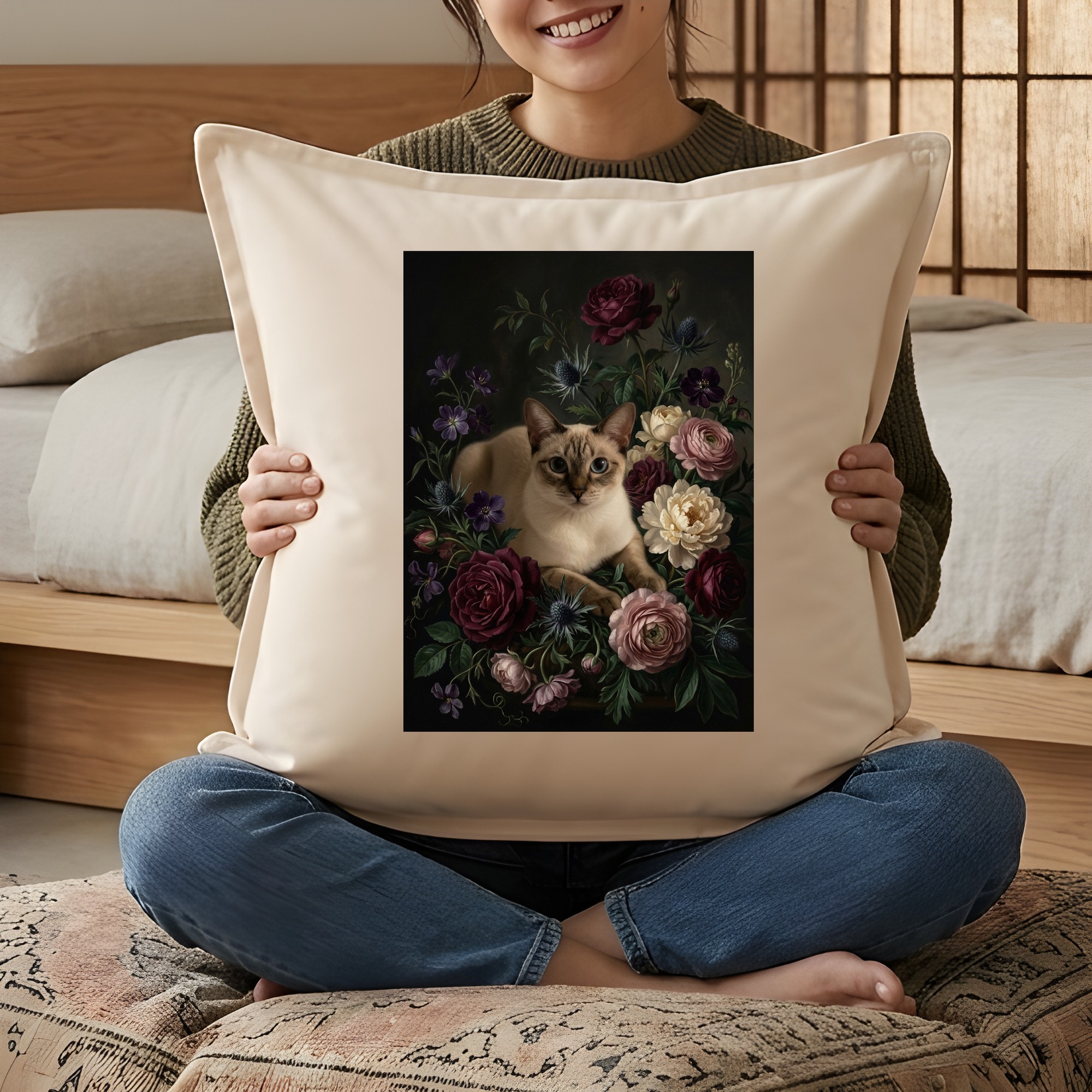 トンキニーズの花の油絵風アート花柄クッション（3枚目）