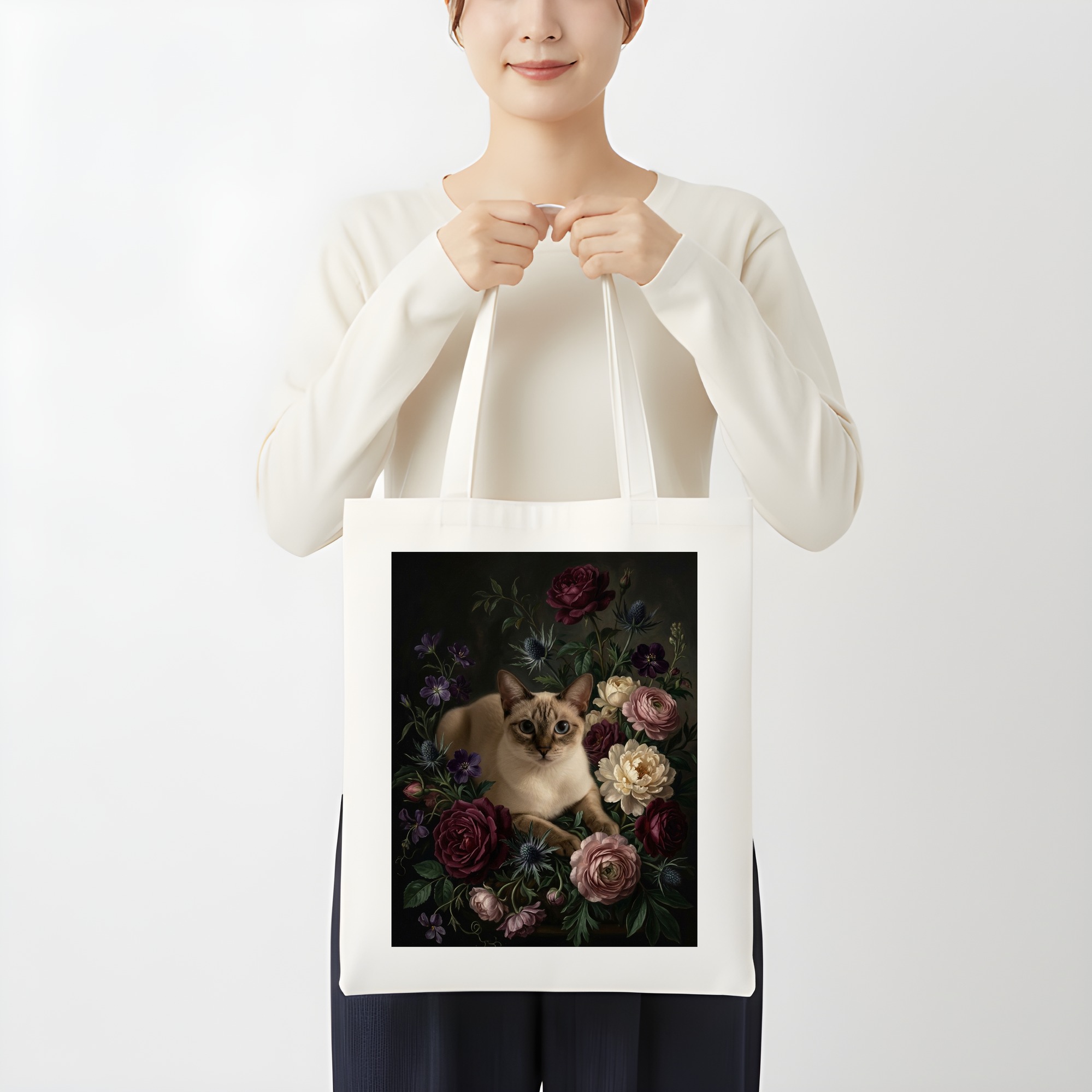 トンキニーズの花の油絵風アート花柄トートバッグ（3枚目）