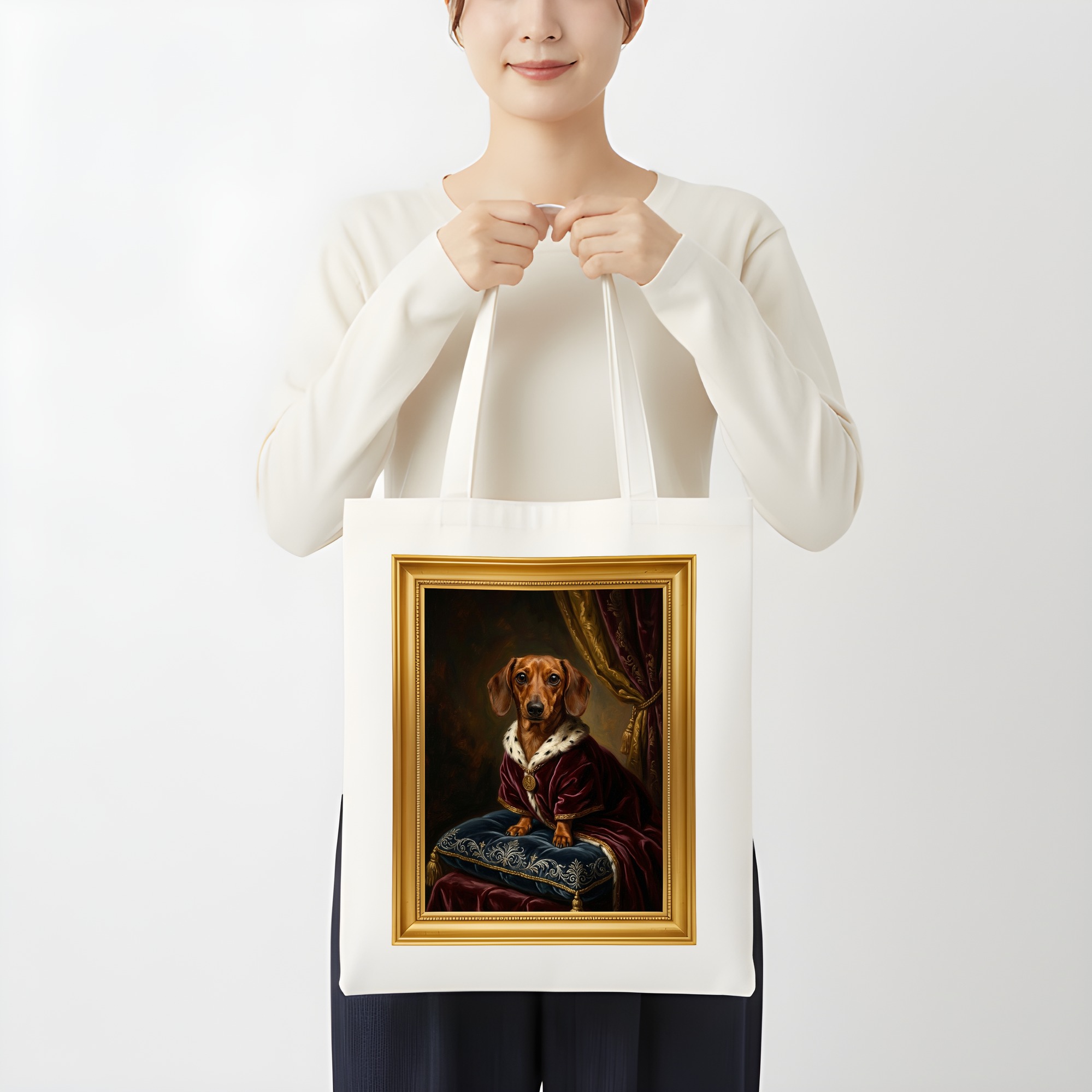 ミニチュアダックスフンドのルネサンス肖像画トートバッグ(カラープリント・額縁デザインあり)(3枚目)