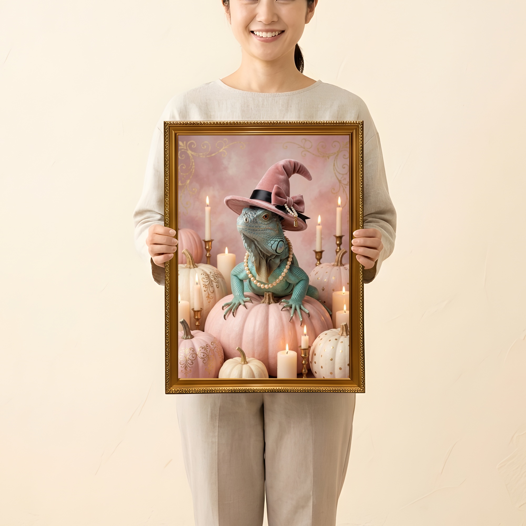 ブルーイグアナのかぼちゃとキャンドルの油絵風アートハロウィン額装プリント（A3サイズ）（2枚目）