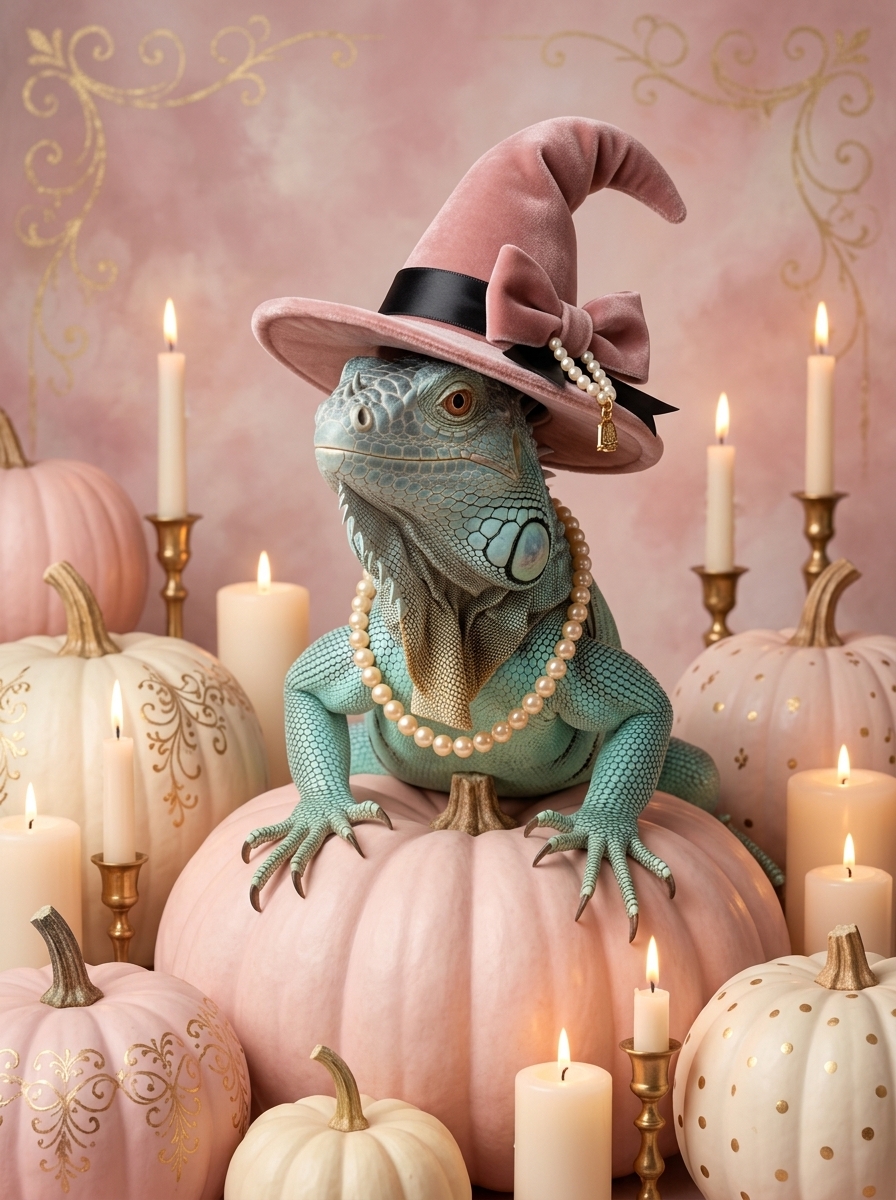 ブルーイグアナのかぼちゃとキャンドルの油絵風アートハロウィン額装プリント（A3サイズ）（4枚目）