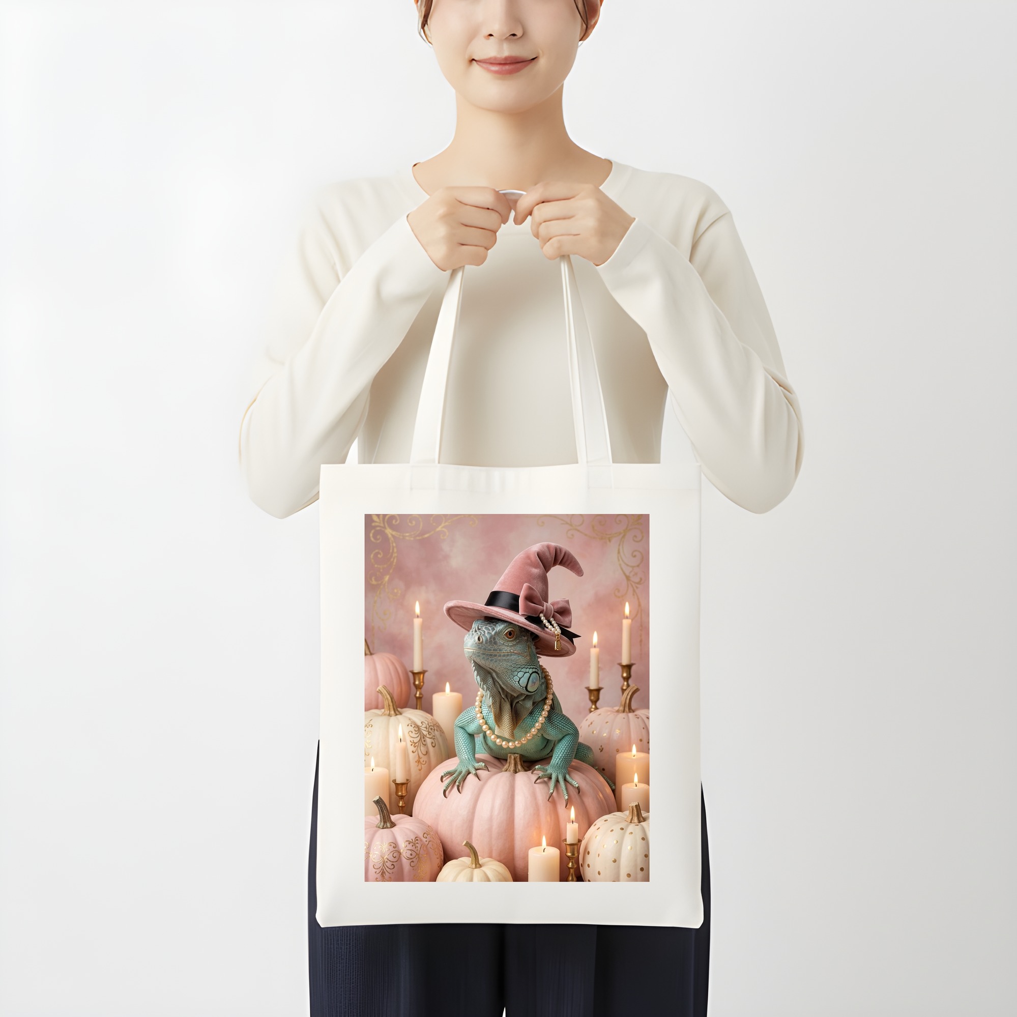 ブルーイグアナのかぼちゃとキャンドルの油絵風アートハロウィントートバッグ(3枚目)