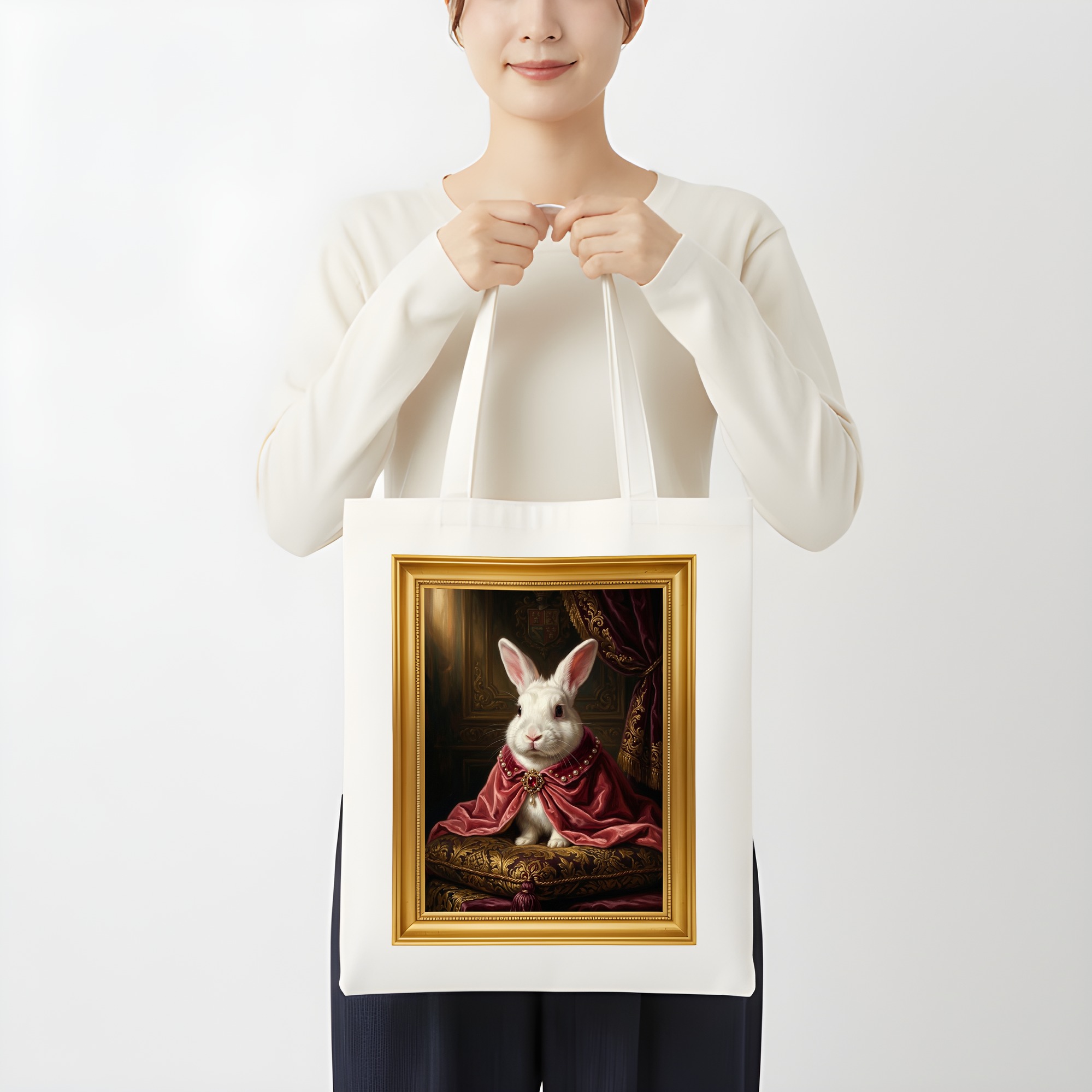 ニュージーランドホワイトのルネサンス肖像画トートバッグ(カラープリント・額縁デザインあり)(3枚目)