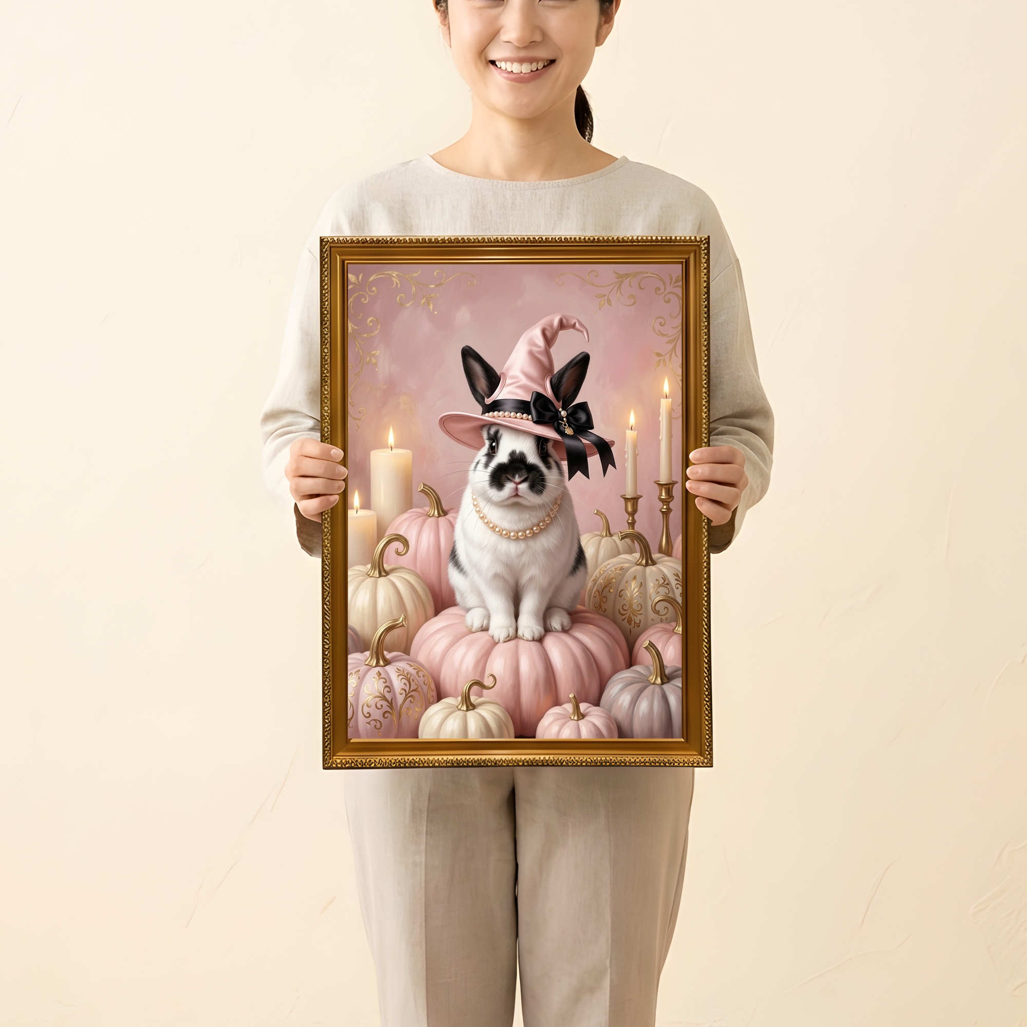 ヒマラヤンのかぼちゃとキャンドルの油絵風アートハロウィン額装プリント（A3サイズ）（2枚目）