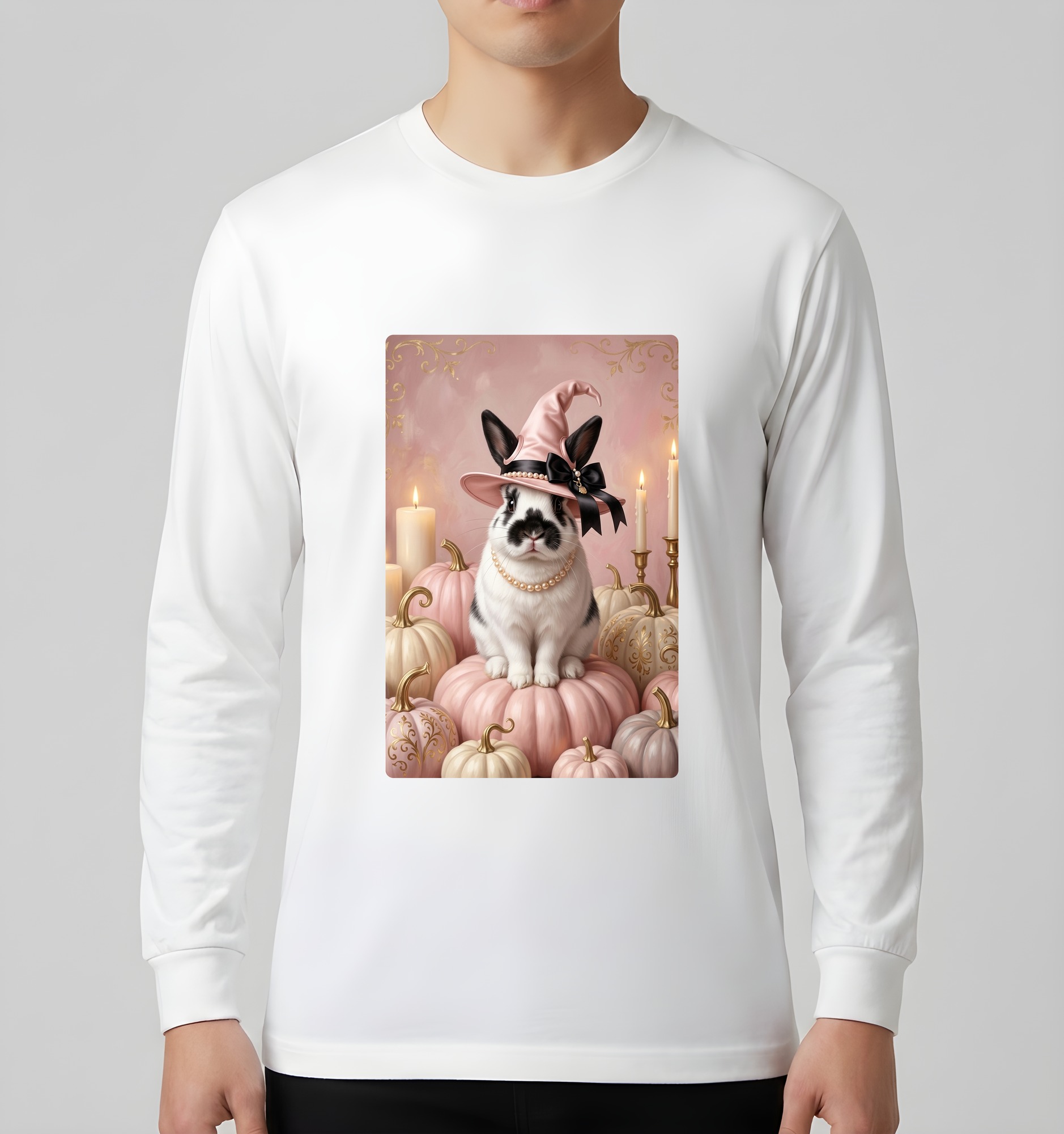 ヒマラヤンのかぼちゃとキャンドルの油絵風アートハロウィン長袖Tシャツ（ホワイト）（3枚目）