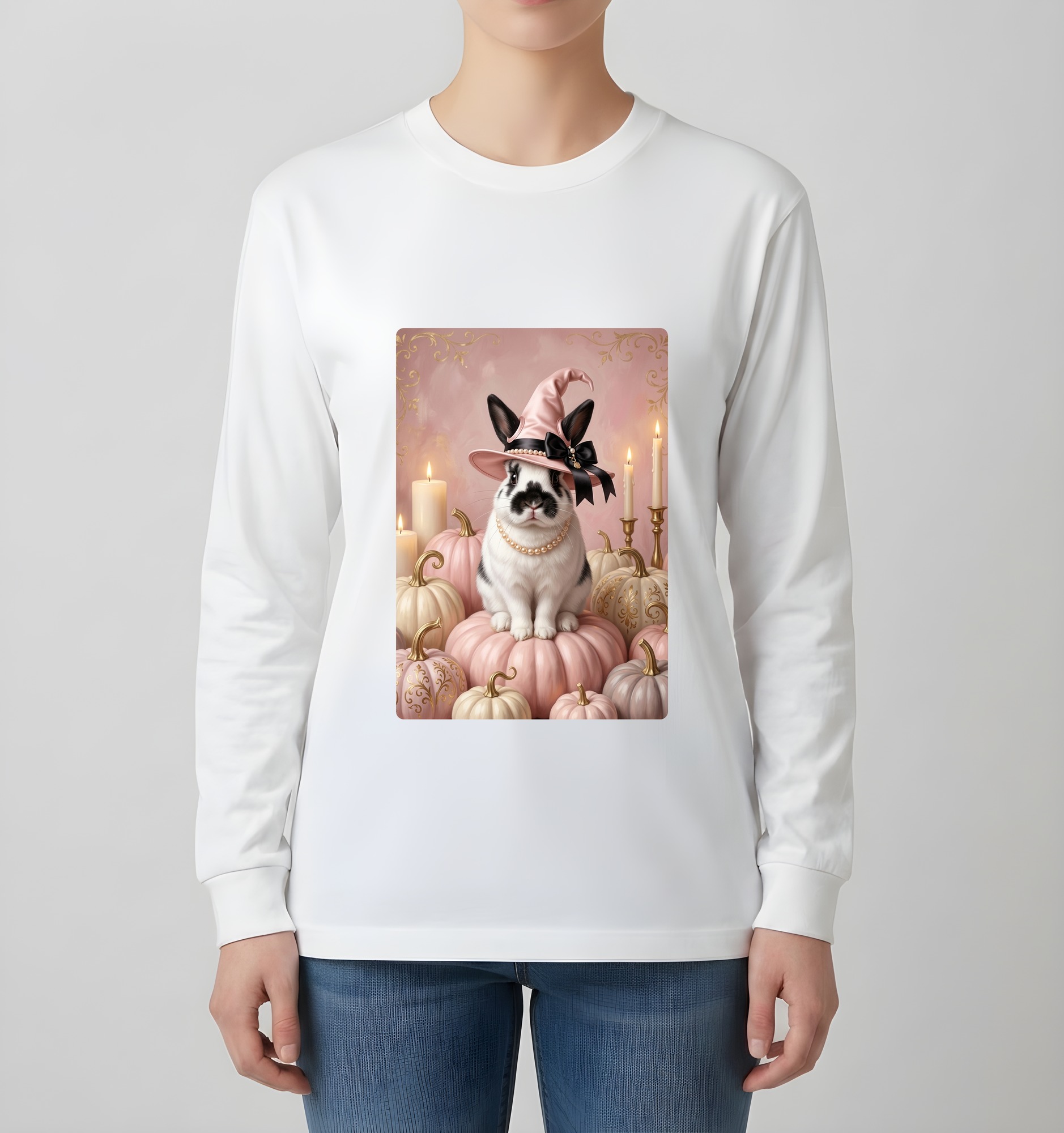 ヒマラヤンのかぼちゃとキャンドルの油絵風アートハロウィン長袖Tシャツ（ホワイト）（4枚目）