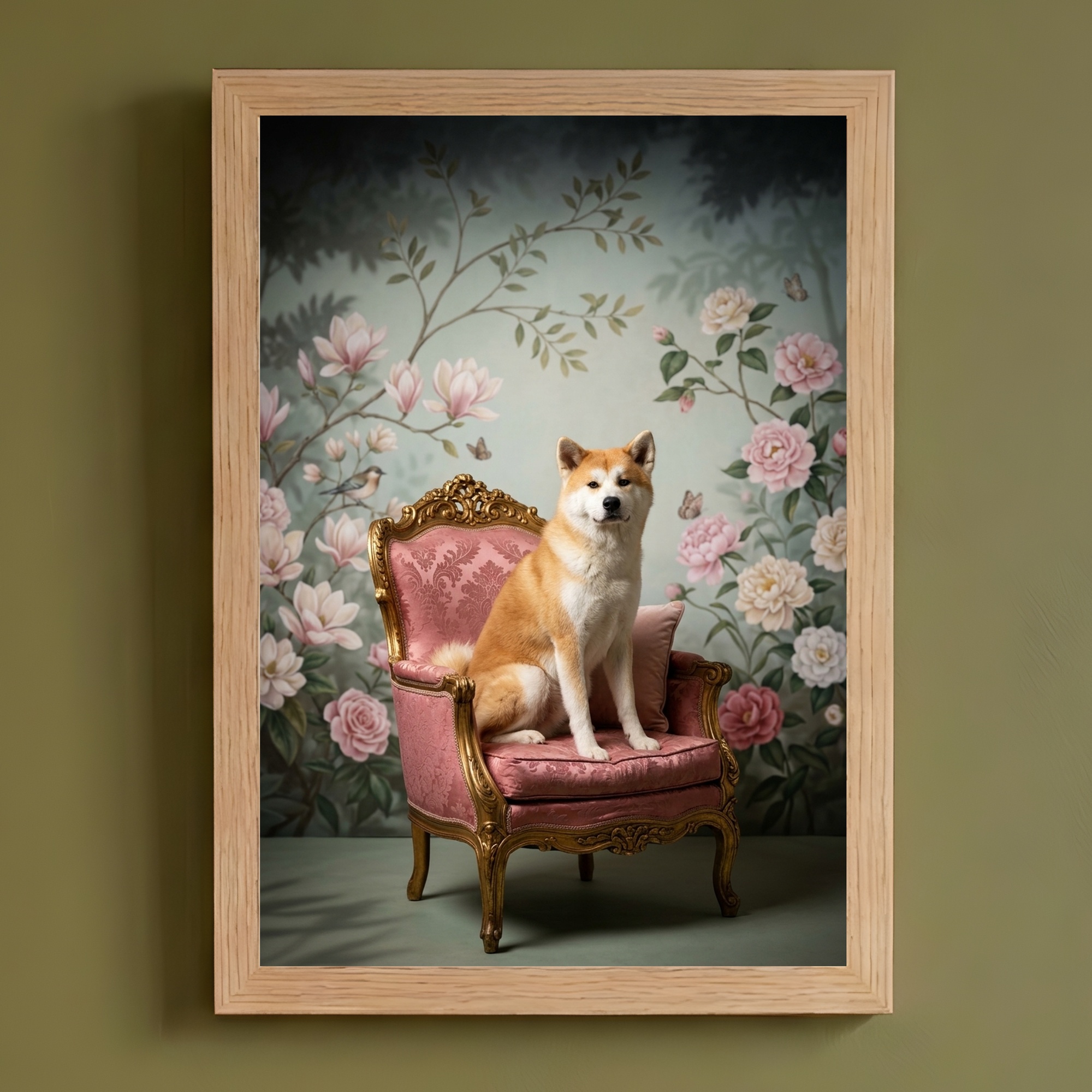 秋田犬のシャビーピンクの油絵風アートロココ調額装プリント(A4サイズ)