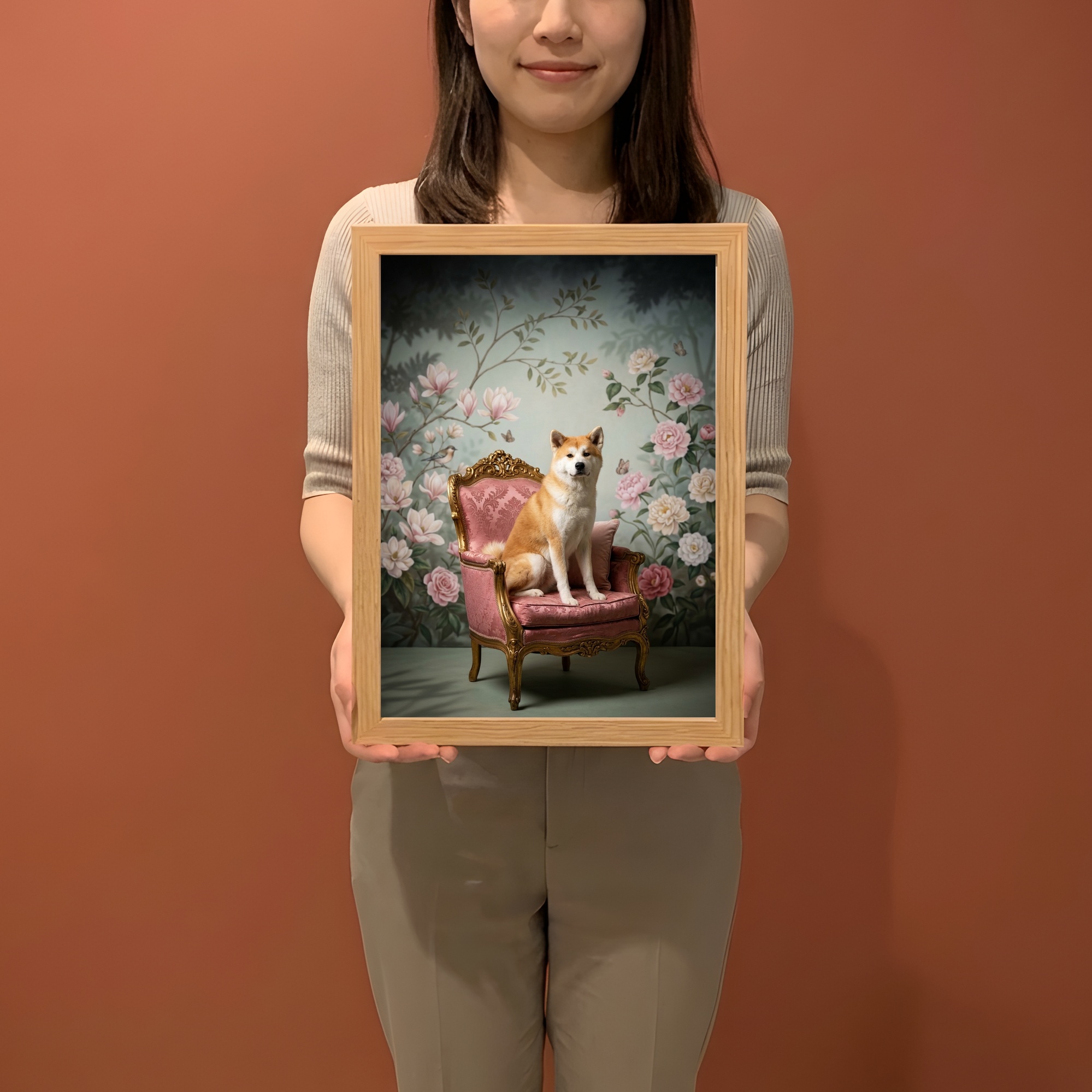 秋田犬のシャビーピンクの油絵風アートロココ調額装プリント(A4サイズ)(2枚目)