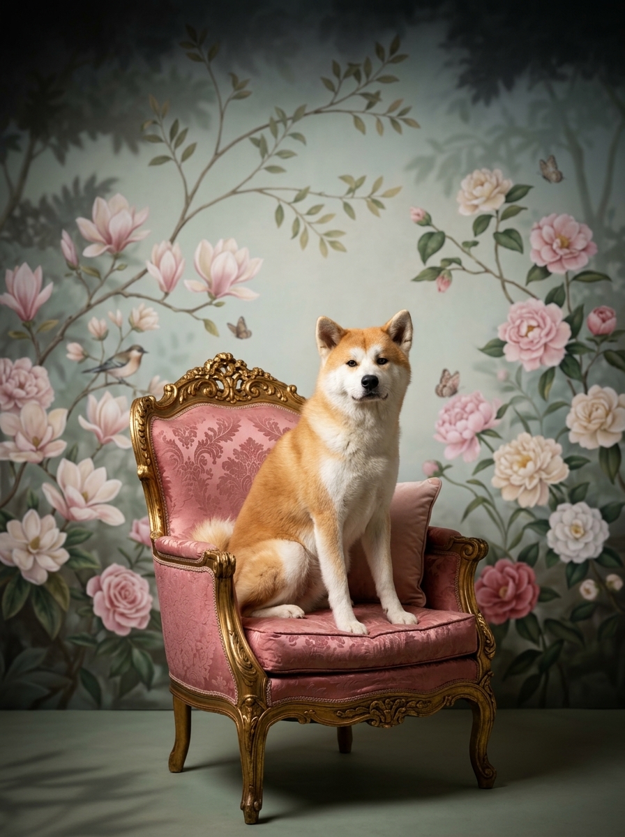 秋田犬のシャビーピンクの油絵風アートロココ調額装プリント(A4サイズ)(4枚目)