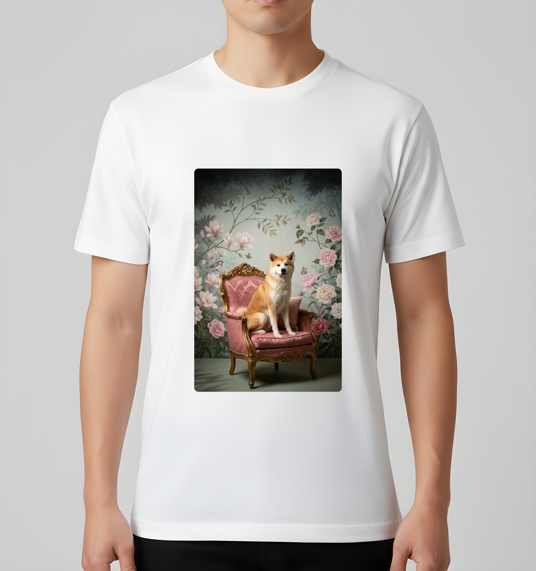 秋田犬のシャビーピンクの油絵風アートロココ調Tシャツ(ホワイト)(3枚目)